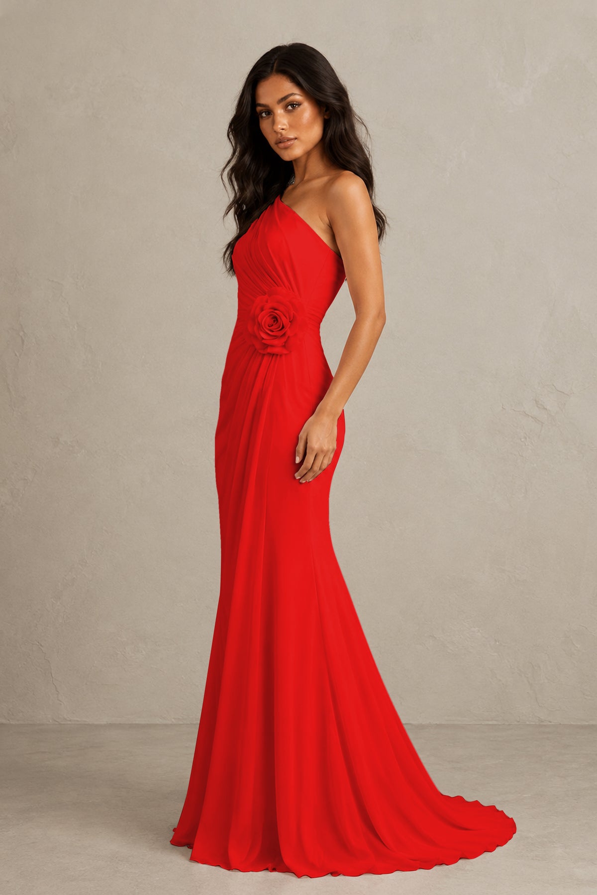 BOLODOO Red One-Shoulder Floral Ruched Maxi Dress - Red