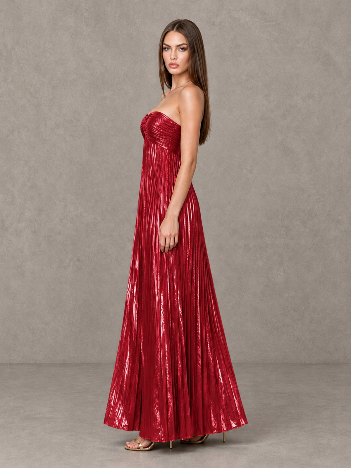 BOLODOO Red Strapless Sweetheart Metallic Pleated Maxi Dress - Red - Red_4