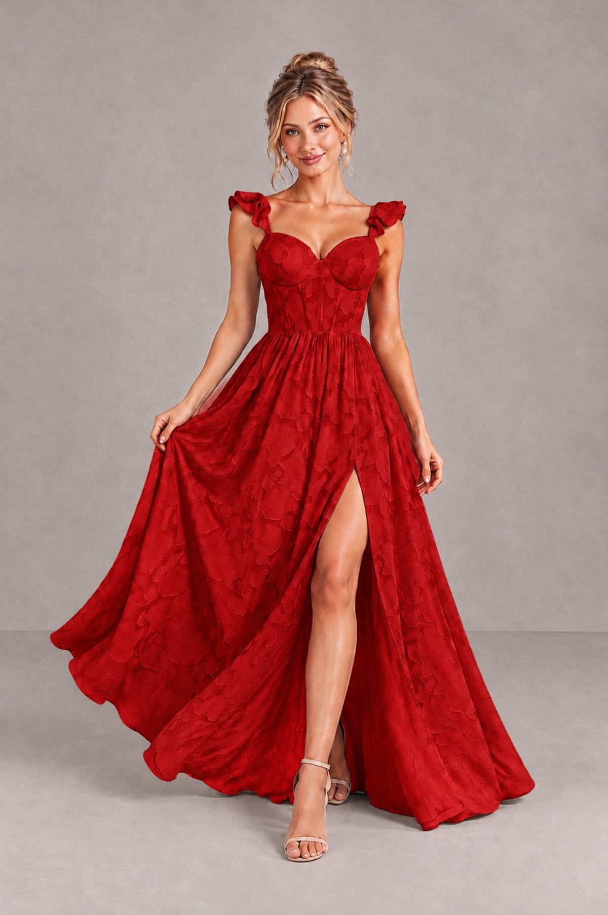 BOLODOO Red Floral A-Line Bridesmaid Dress with Slit Ruffle Straps Maxi Gown - Red - Red_4