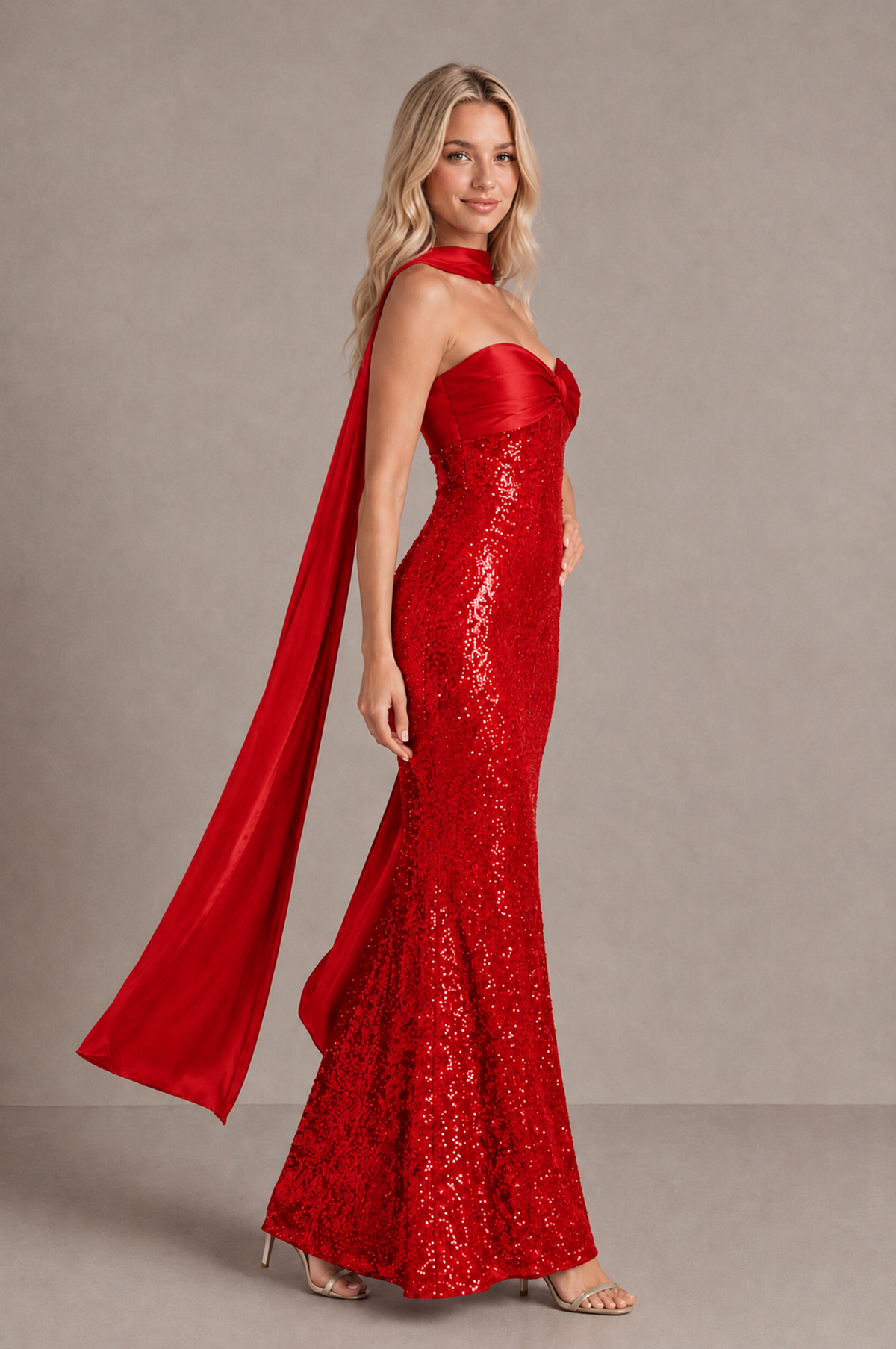 BOLODOO Red Strapless Sweetheart Evening Dress with Scarf - Red - Red_4