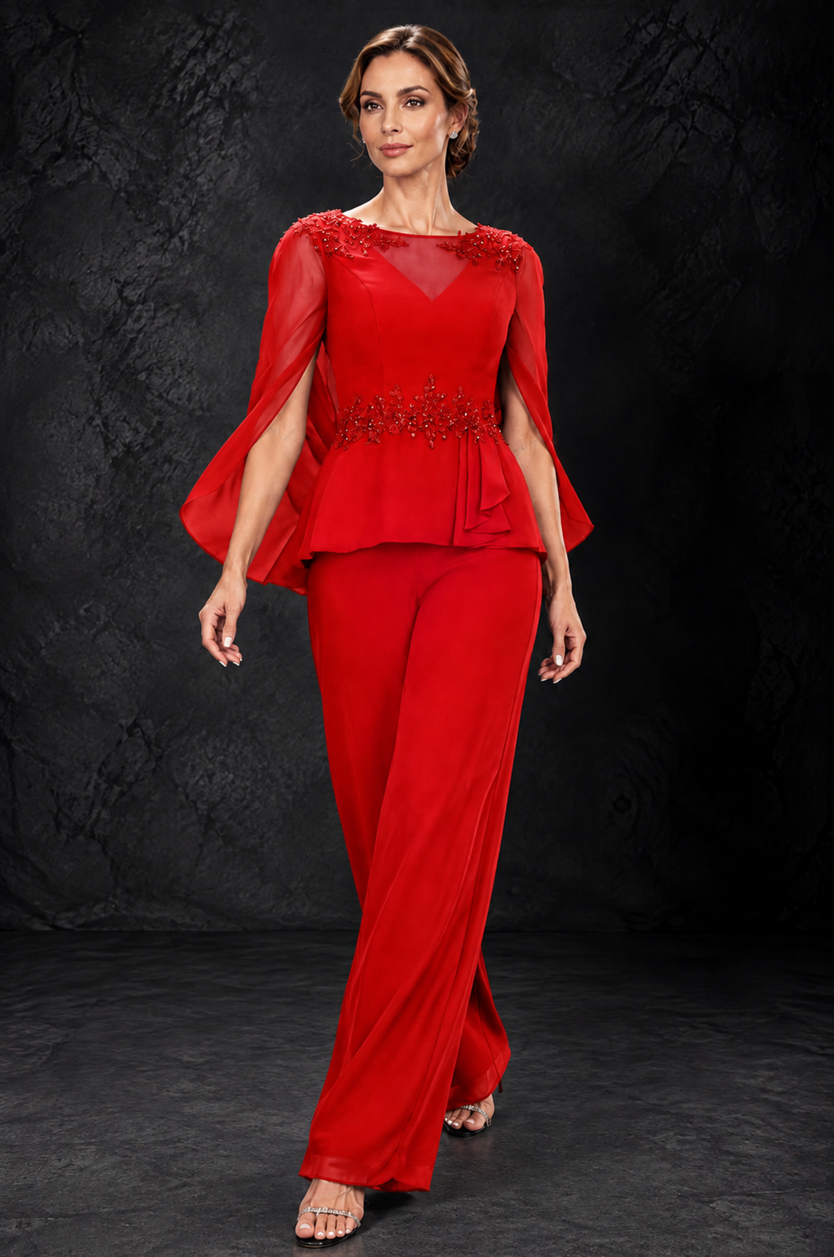 BOLODOO Red Embellished Cape Sleeve Mother of the Bride Pantsuit - Red - Red_4