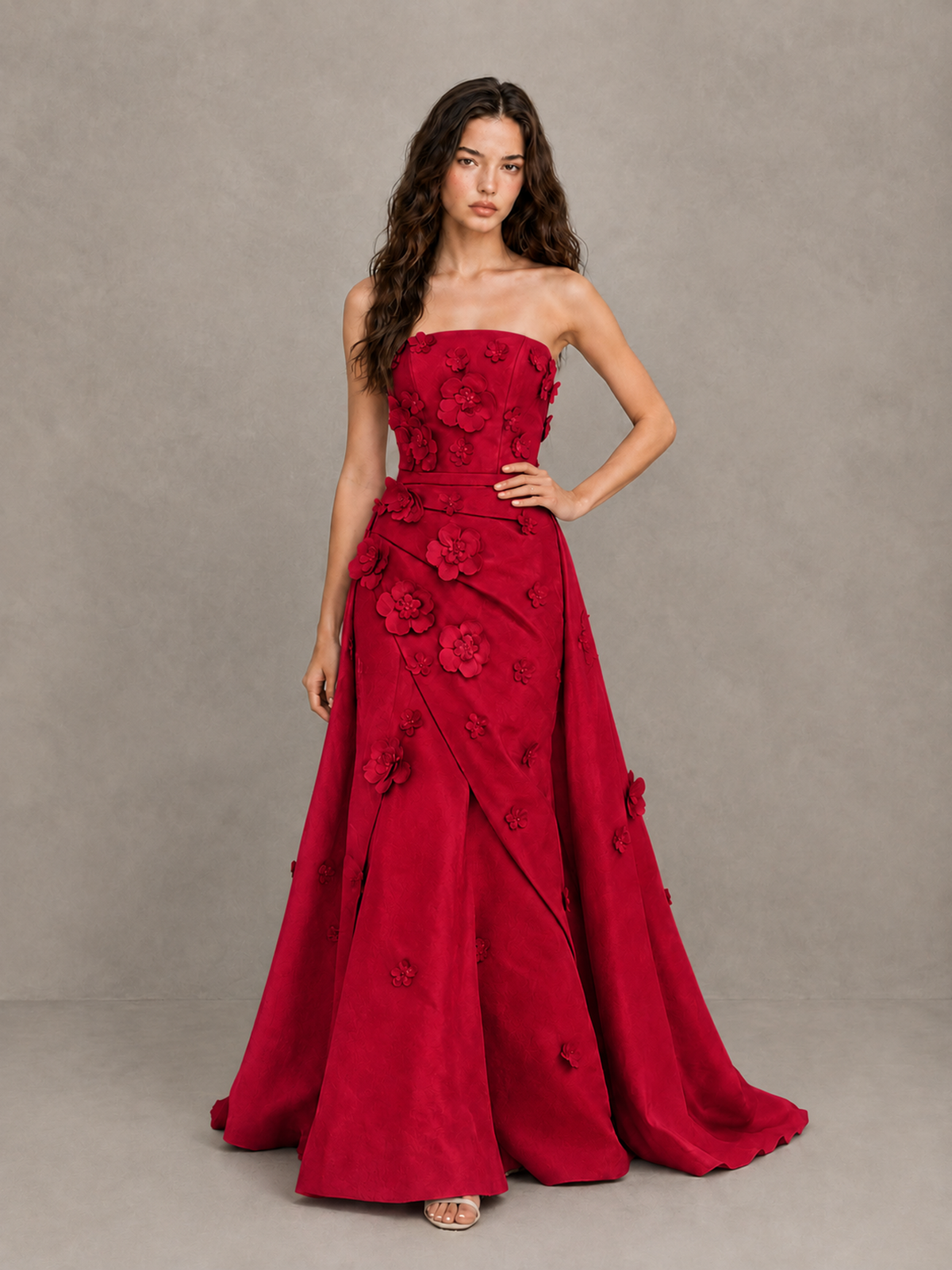 BOLODOO Red Strapless 3D Floral Applique Prom Gown with Draped Skirt - Red - Red(4)