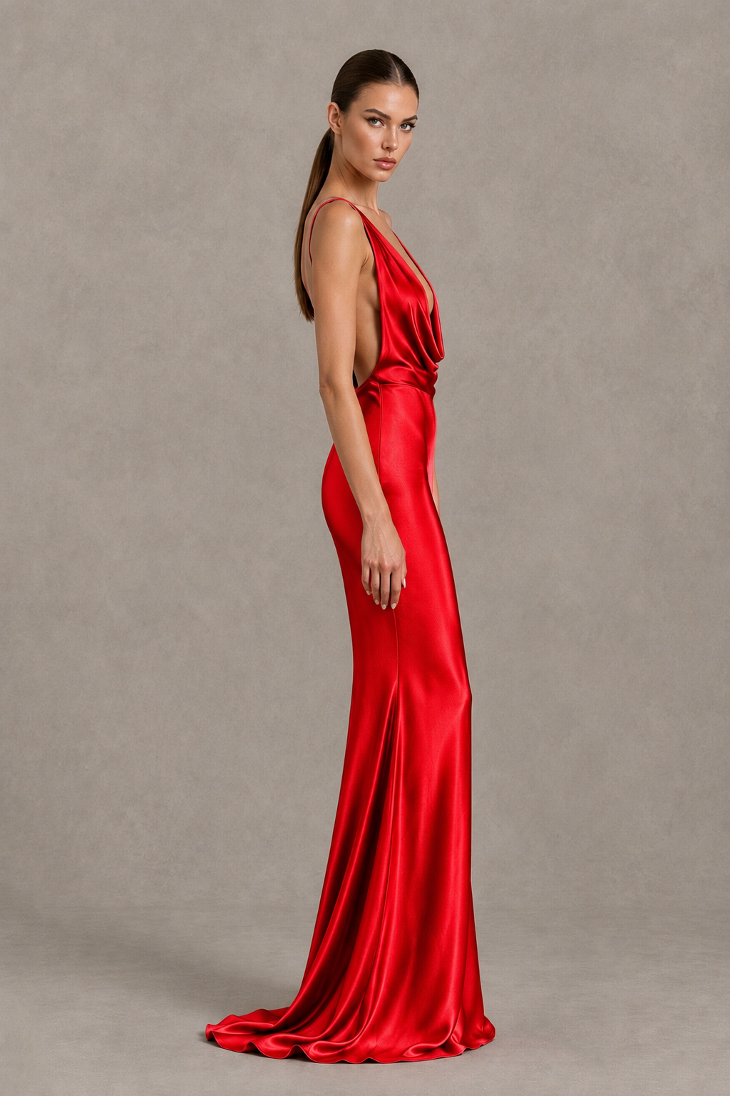 BOLODOO Red Cowl Neck Backless Satin Mermaid Evening Dress - Red - Red_4
