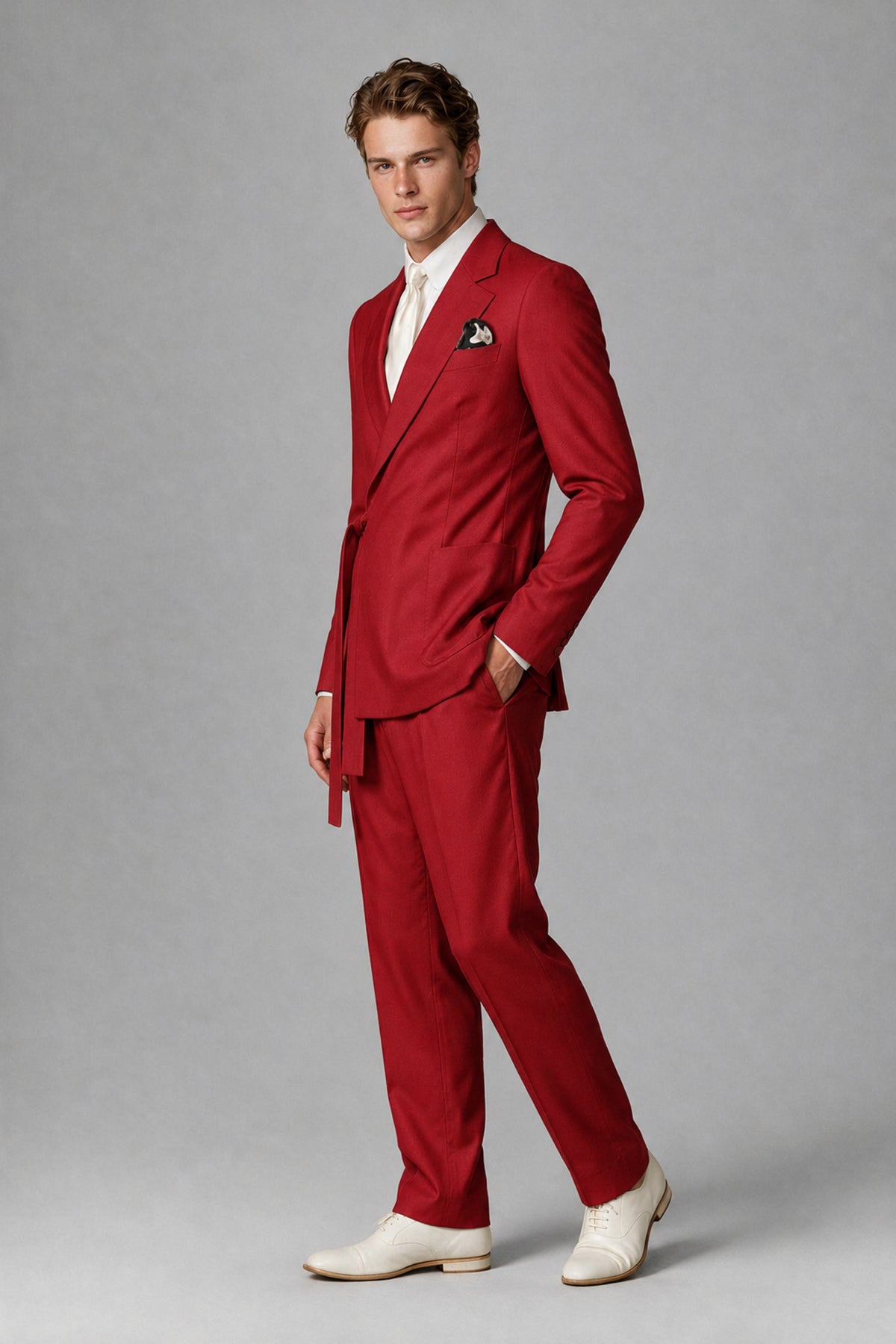 Bolodoo Men's Red Wrap Tie-Waist Two-Piece Suit – Jacket & Trousers - Red - Red_4