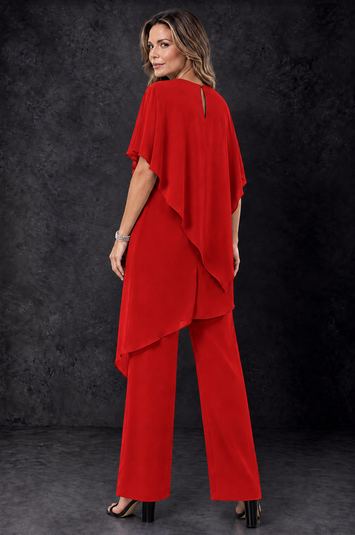 BOLODOO Red Chiffon Two Piece Mother of the Bride Pant Suit - Red - Red_4