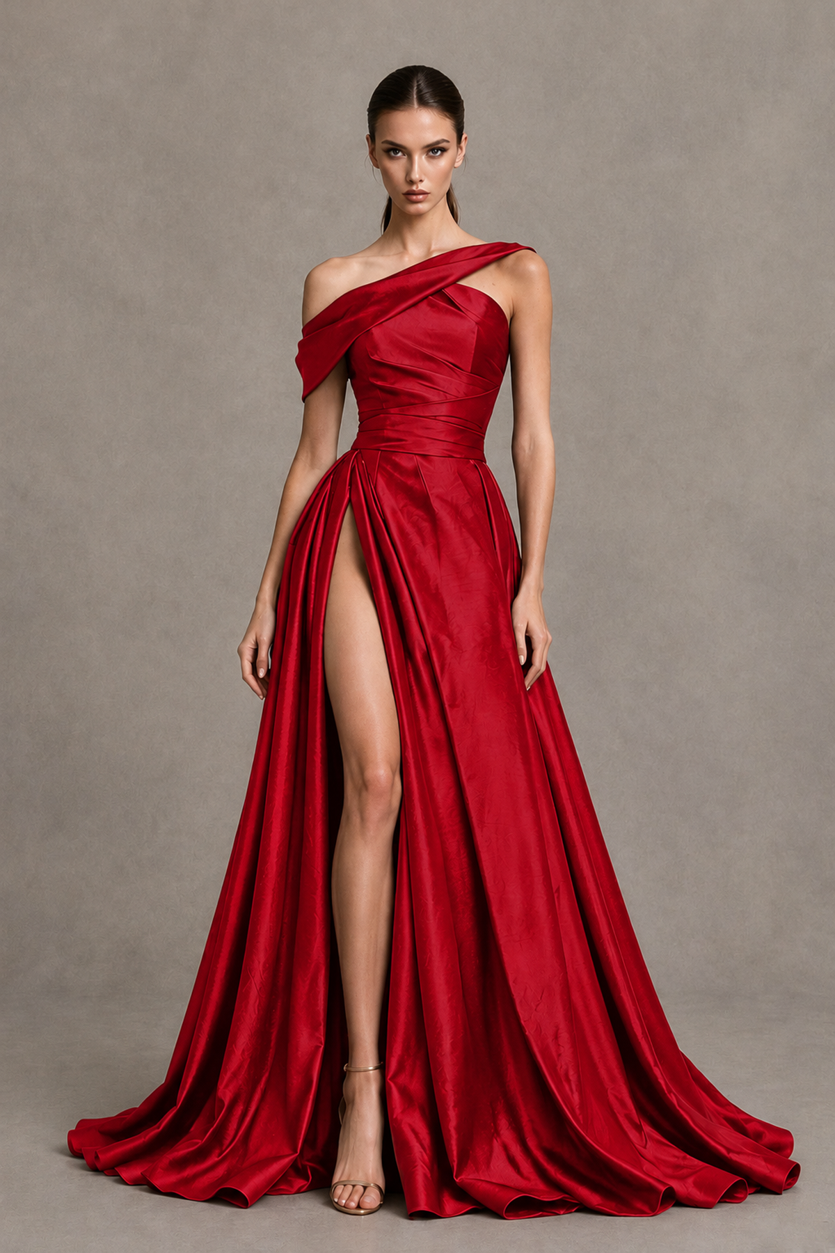 BOLODOO Red Asymmetric Satin-Look A-Line Prom Dress with High Slit - Red - Red_4