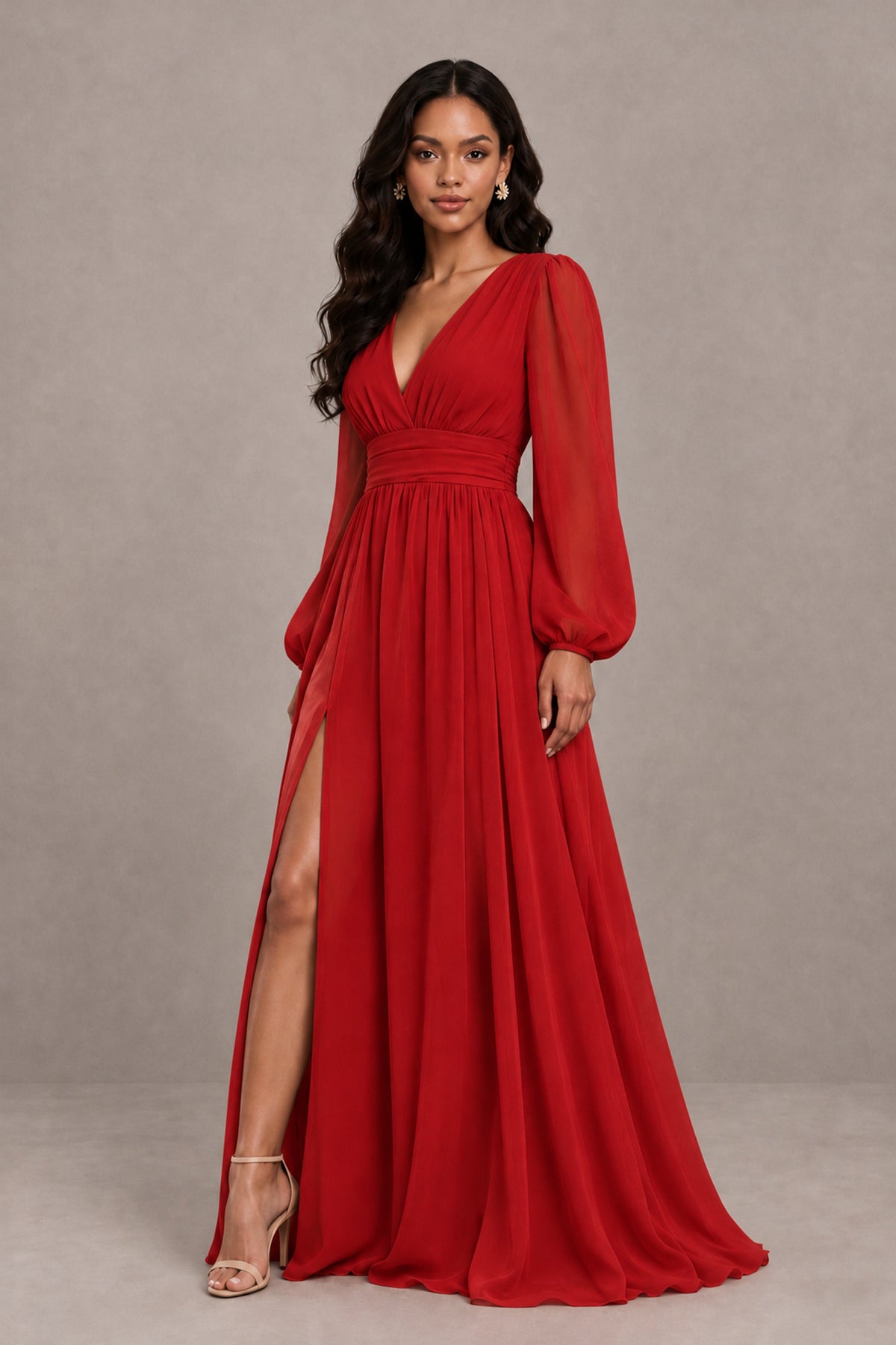 BOLODOO Red Long Sleeve V-Neck A-Line Gown with Open Back & Slit - Red - Red_4