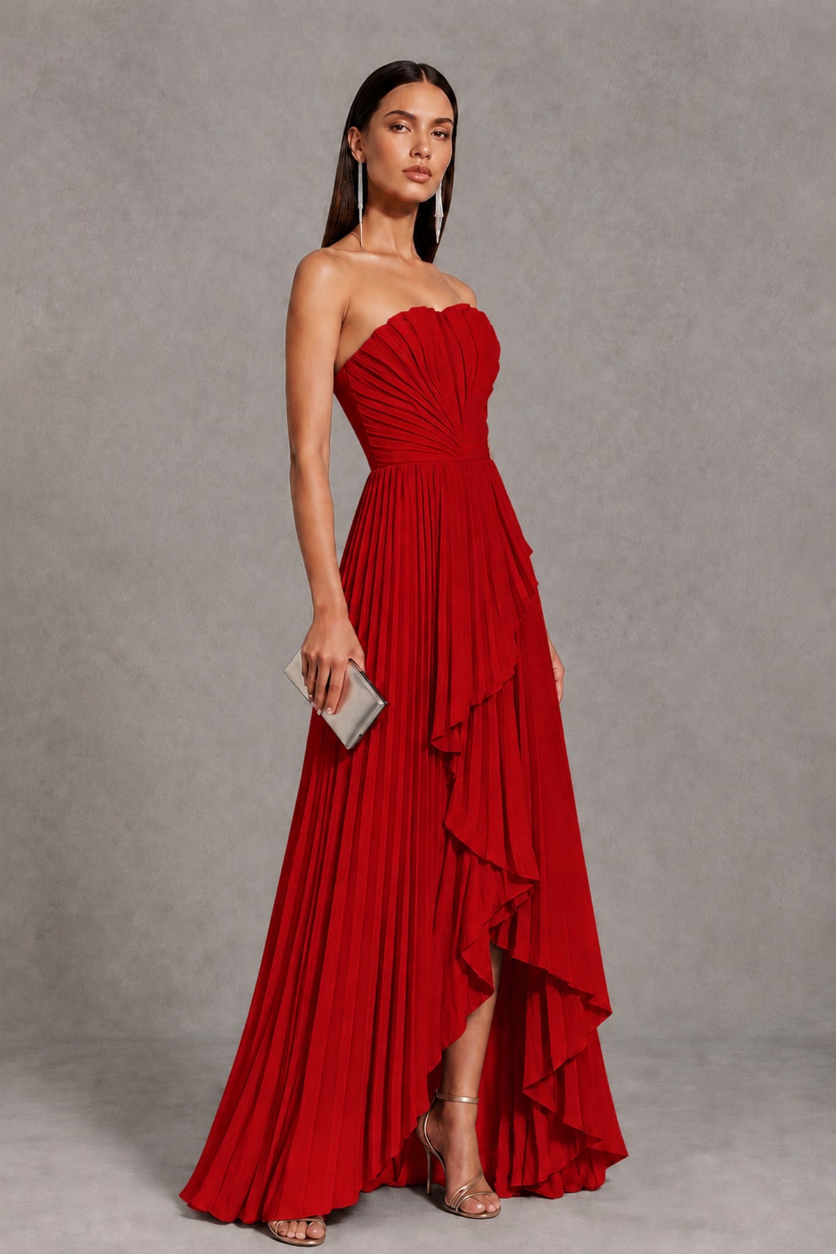Red Strapless Pleated High-Low Evening Gown with Ruffle Hem - Red - Red_4