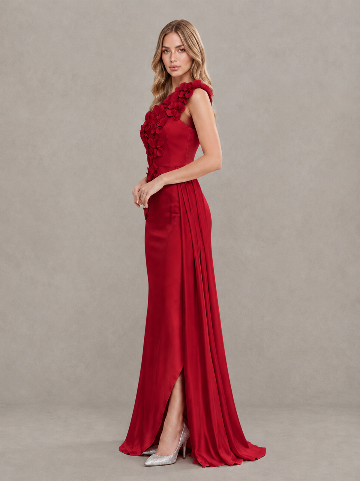 BOLODOO Red One-Shoulder Satin Mermaid Evening Gown with 3D Floral Appliqué - Red - Red_4