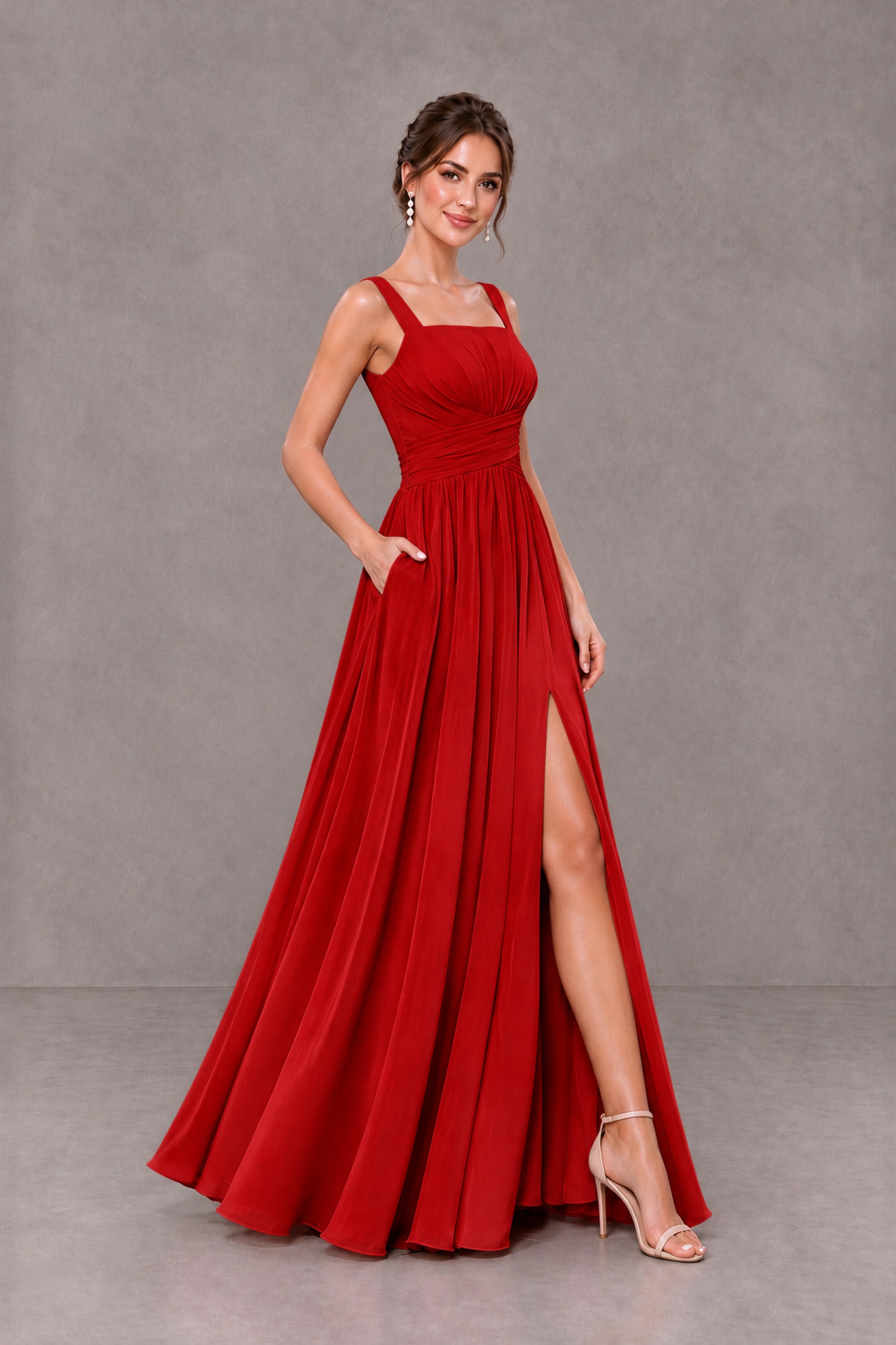 BOLODOO Red Square Neck A-Line Bridesmaid Dress with Slit - Red - Red_4