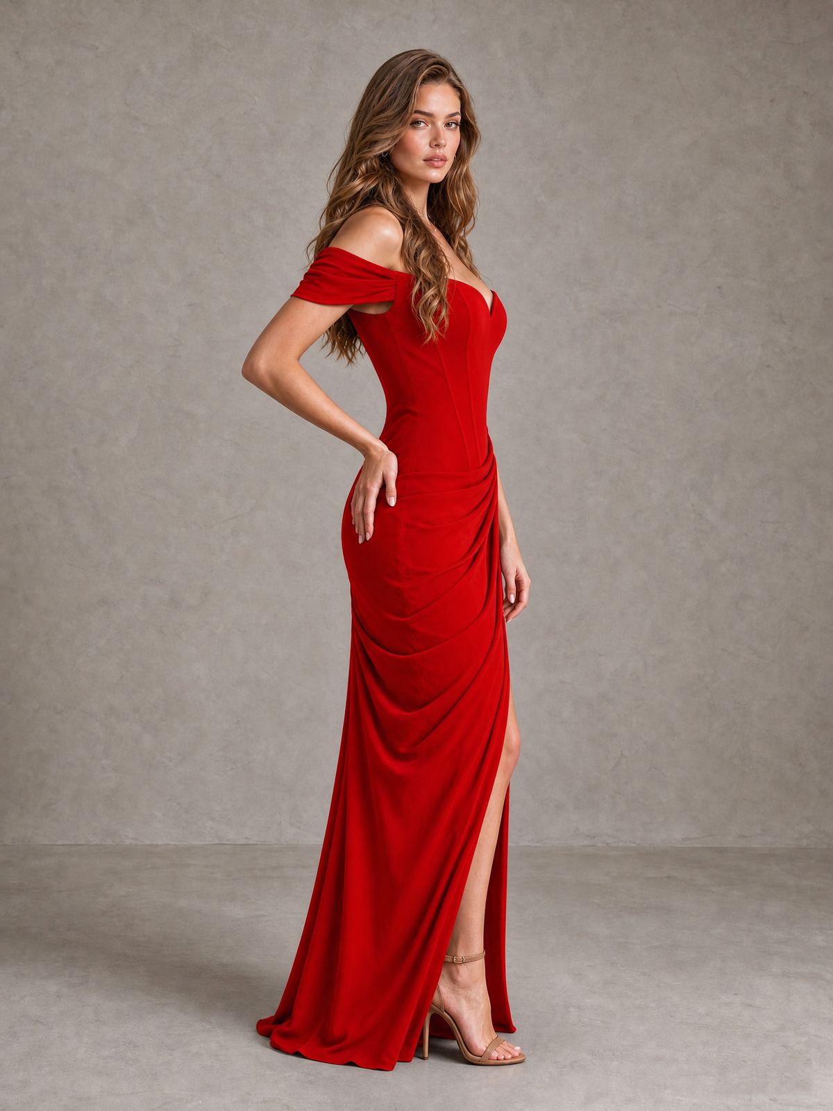 BOLODOO Red Off-Shoulder Ruched Corset Wedding Guest Dress with Slit - Red - Red_4