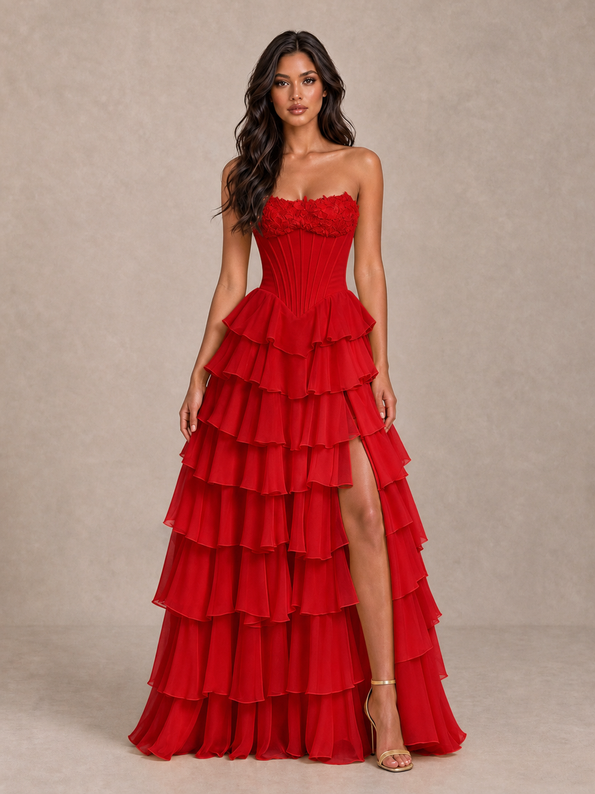 BOLODOO Red Strapless Corset Tiered Ruffle Prom Dress with High Slit - Red - Red_4