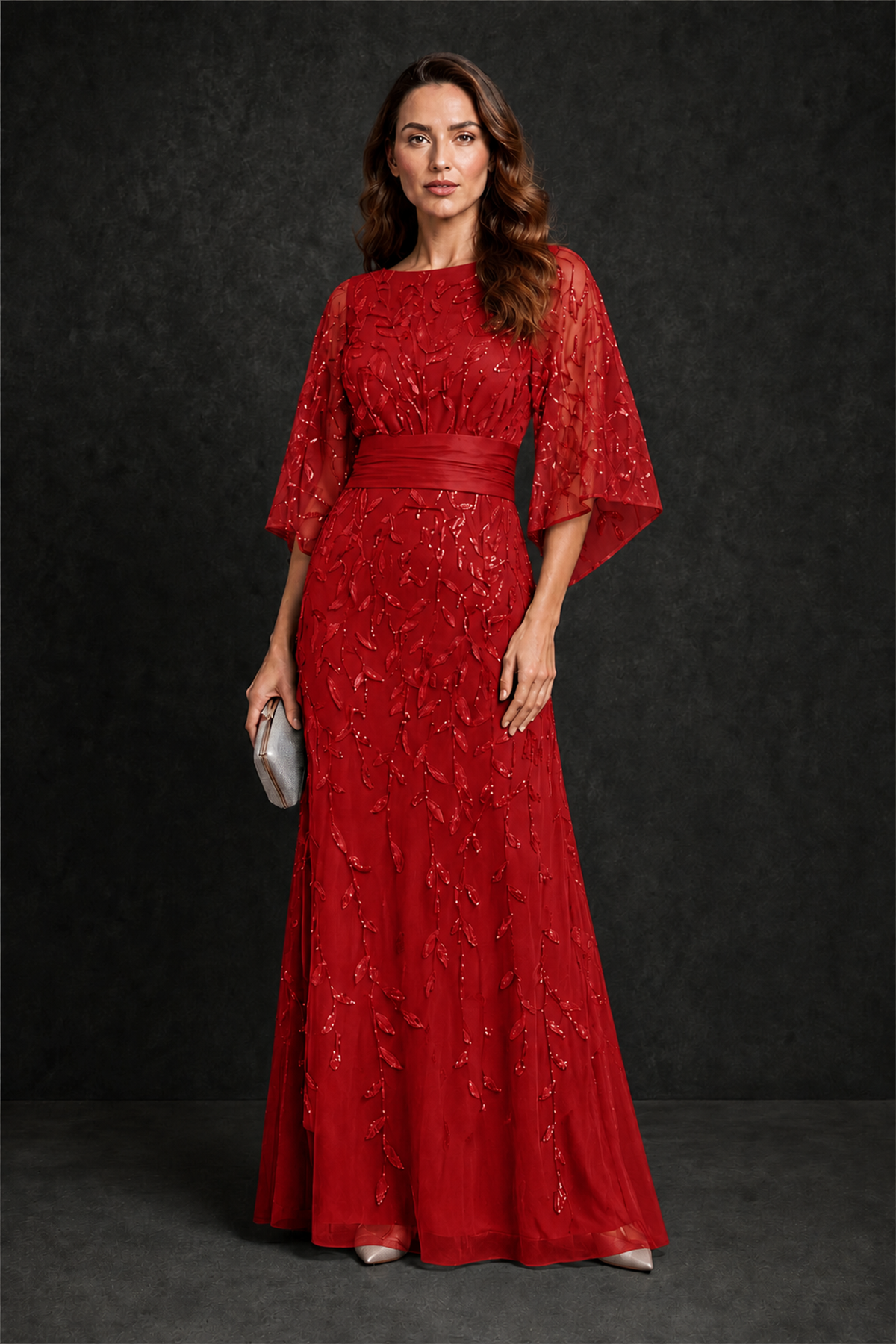 BOLODOO Red Bateau Neck Bell Sleeve Sequin Embroidered Satin Waist A-Line Maxi Dress - Red - Red_4