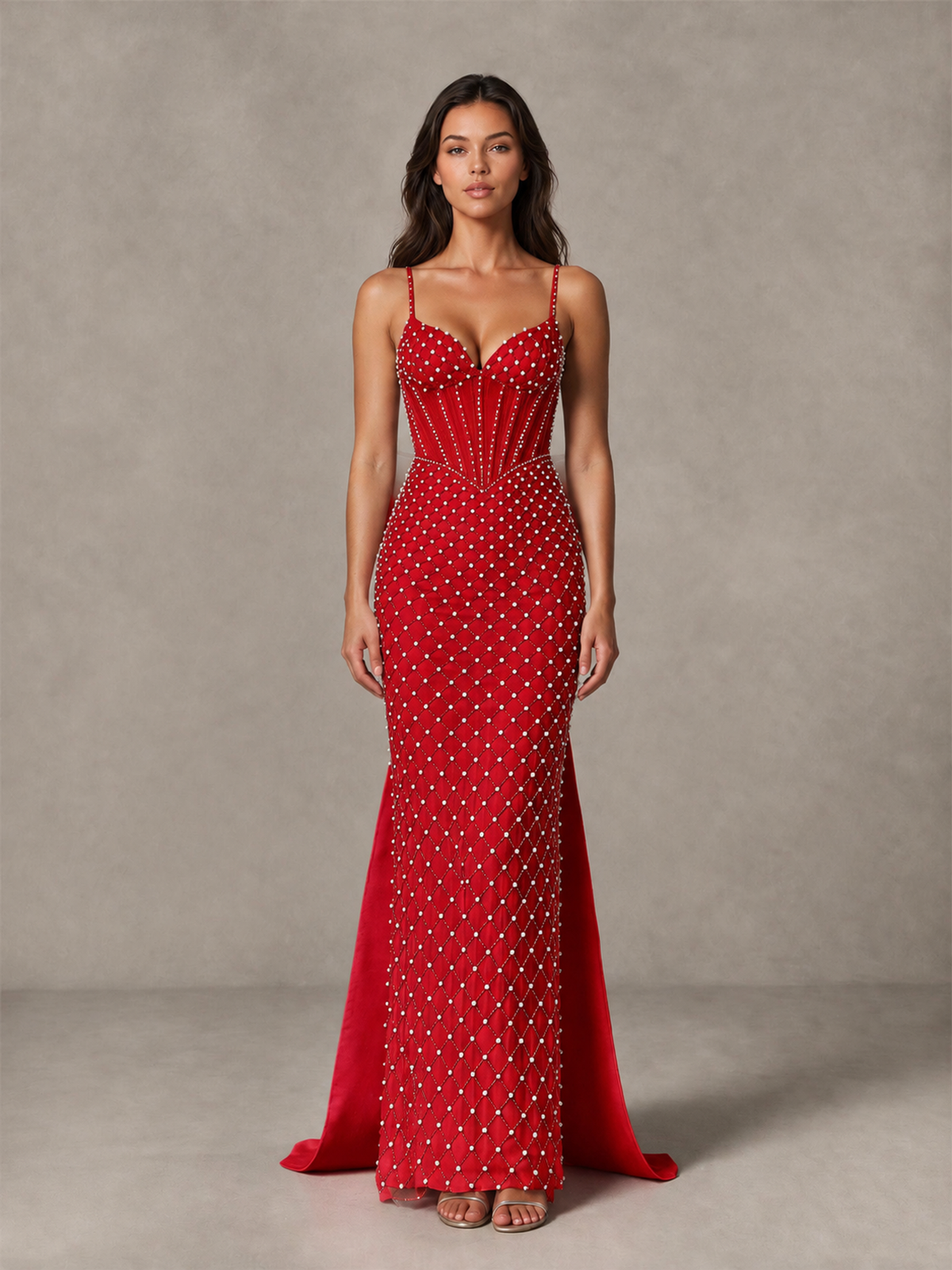BOLODOO Red Beaded Corset Prom Dress with Bow Train - Red - Red_4
