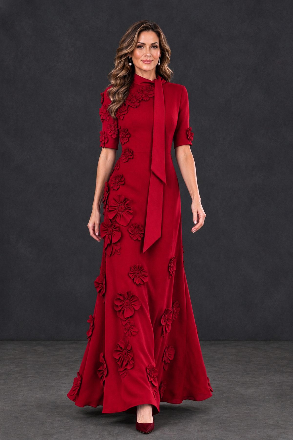 BOLODOO Red Floral Applique High-Neck Half-Sleeve Gown - Red - Red_4