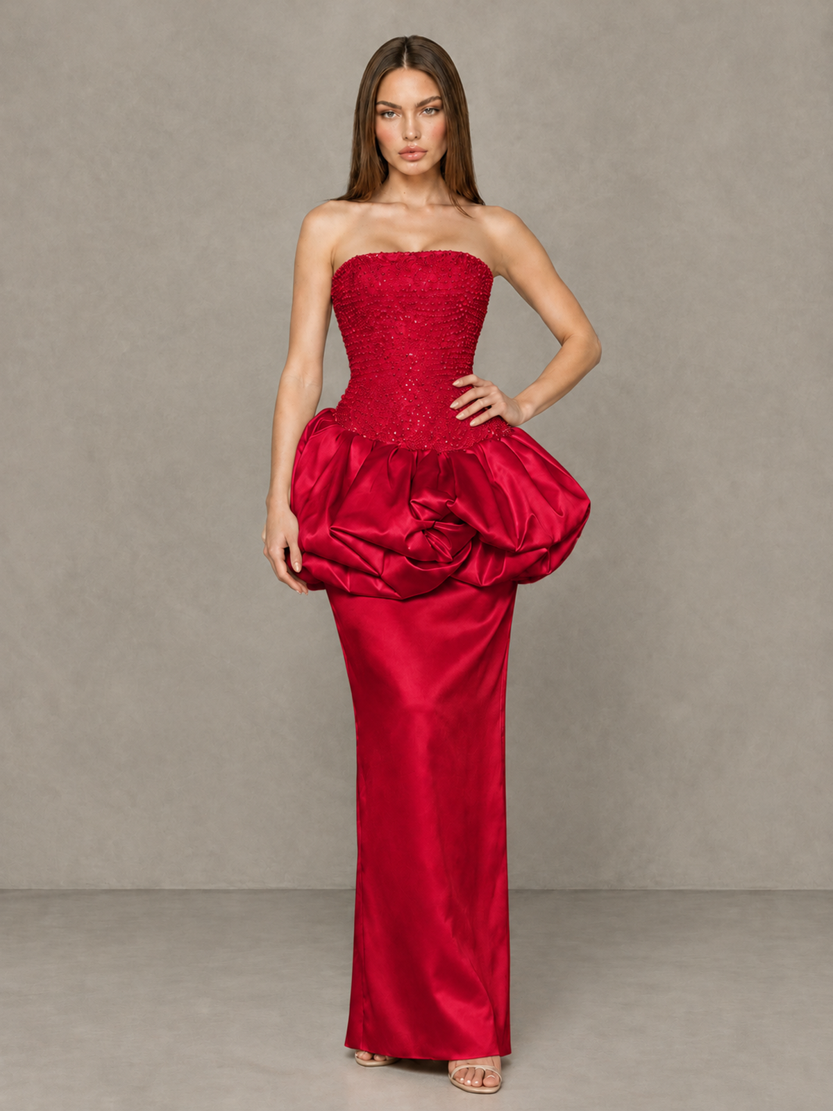 BOLODOO Red Strapless Embellished Bubble Peplum Evening Dress - Red - Red_4