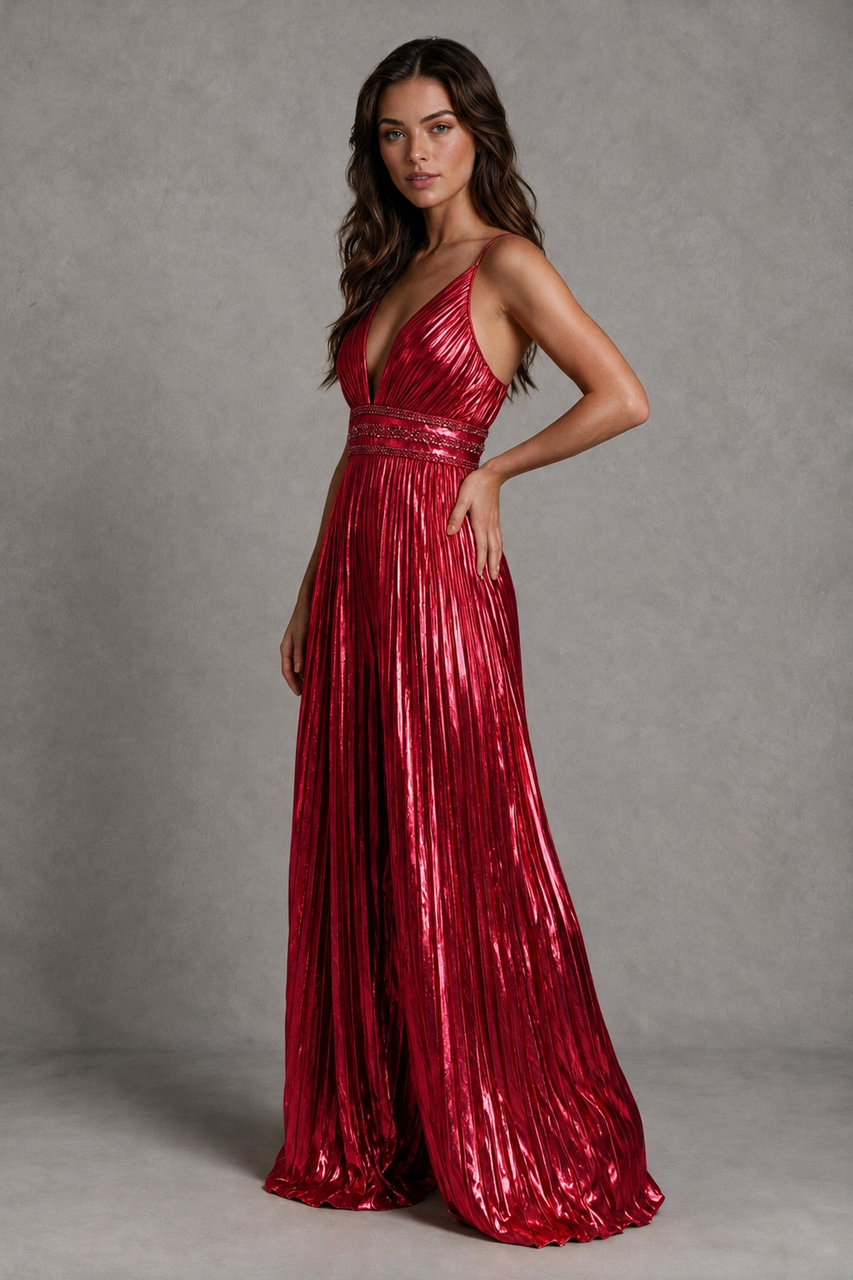 BOLODOO Red Pleated Wide-Leg Jumpsuit with Open Back - Red