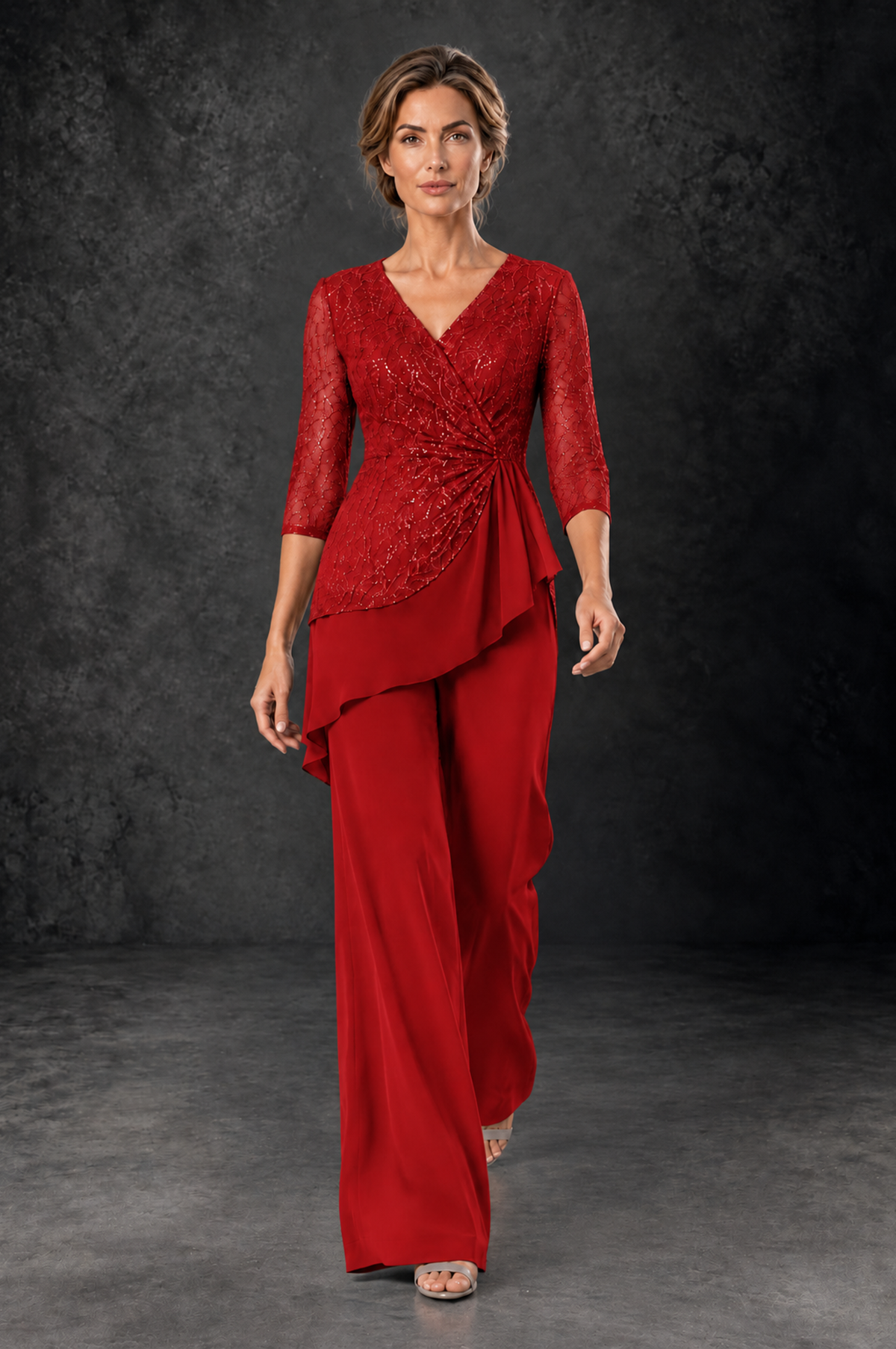 BOLODOO Red Sequin Lace 3/4 Sleeve Chiffon Mother of the Bride Pant Suit - Red - Red_4