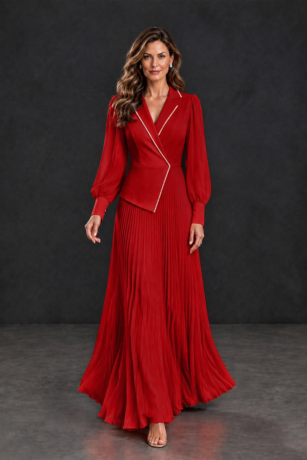 BOLODOO Red Long Sleeve Pleated Mother of the Bride Dress - Red - Red_4