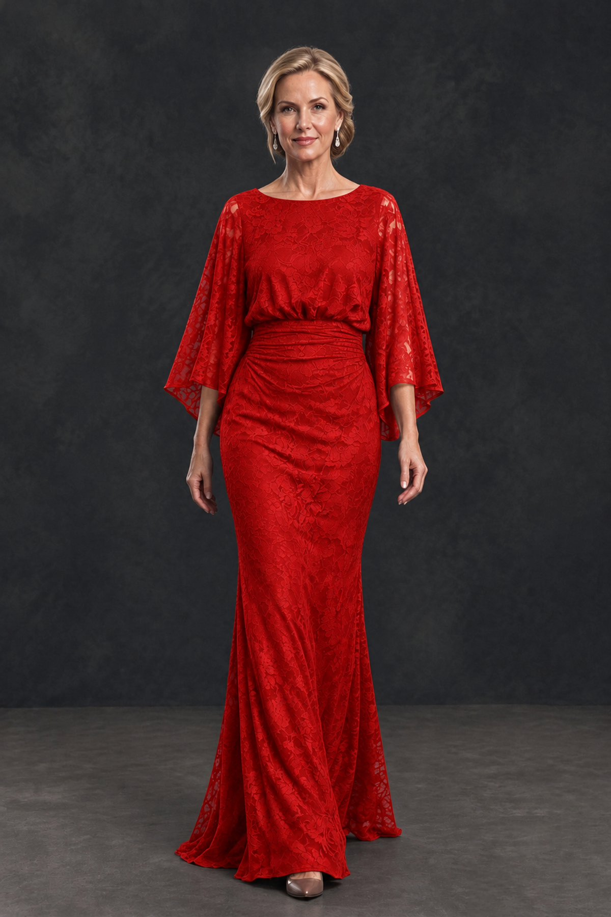 BOLODOO Red Lace Flutter Sleeve Mother of the Bride Dress - Red - Red_4