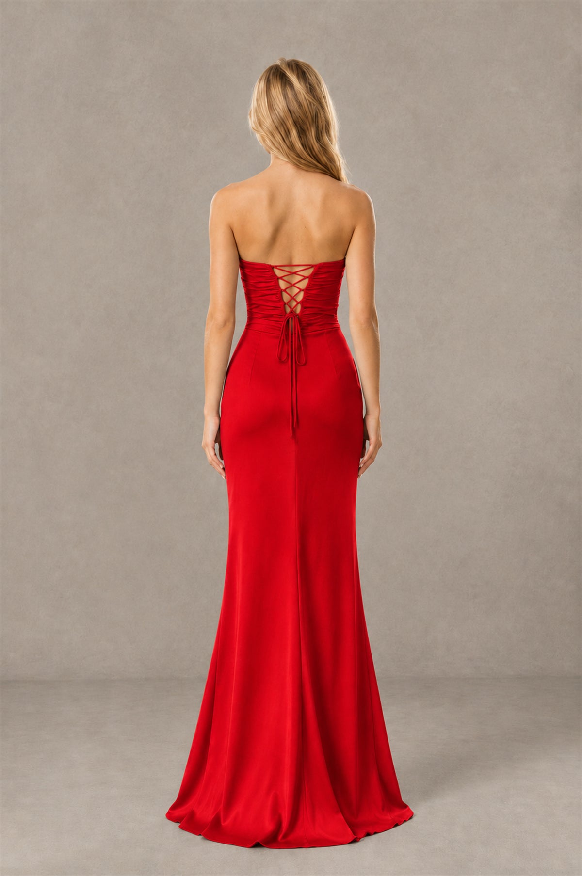 BOLODOO Red Sweetheart Strapless Twist Knot Cutout Lace-Up Back Satin Mermaid Maxi Dress - Red - Red(4)