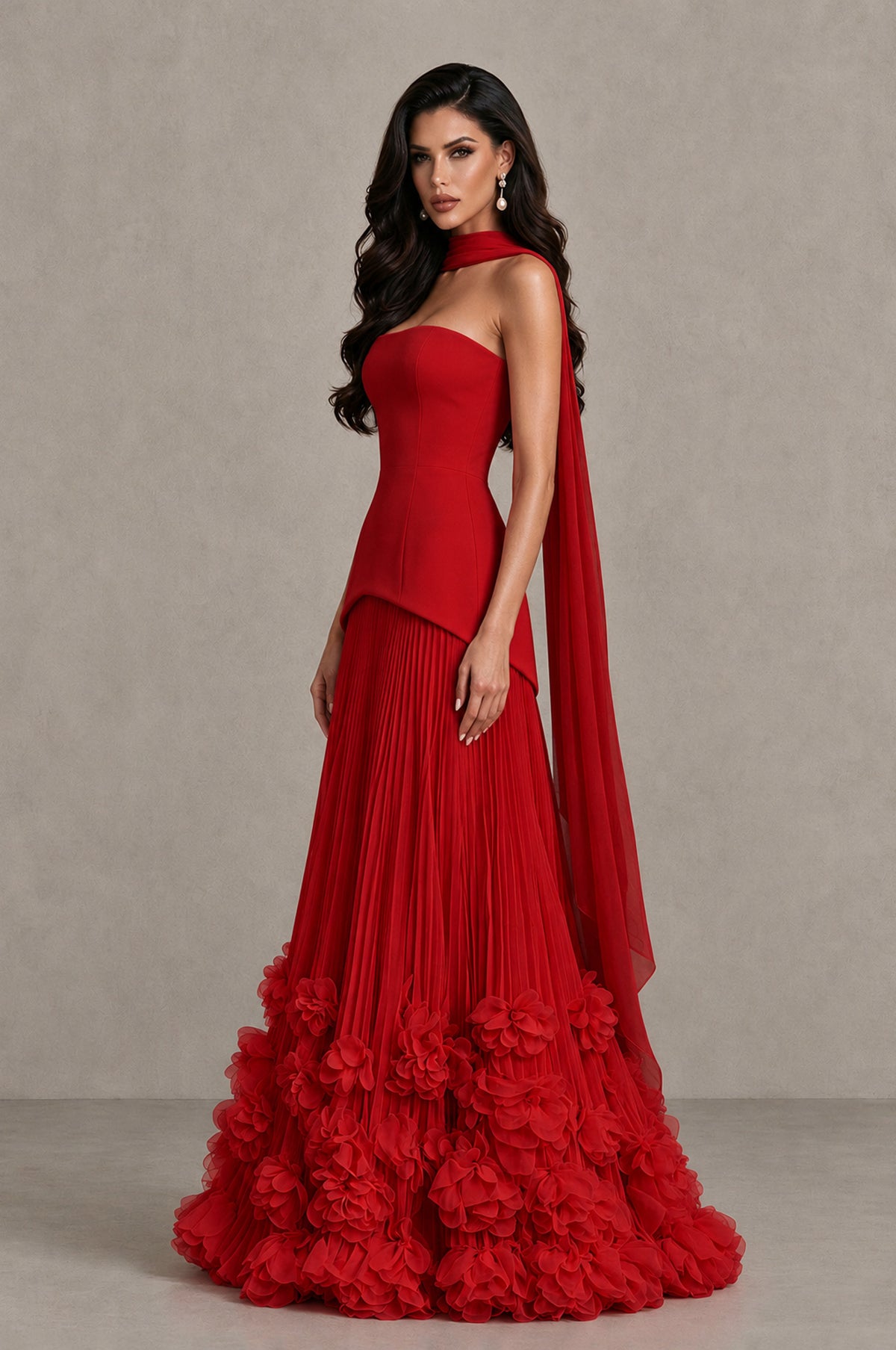 BOLODOO Red Strapless Pleated Floral Hem Evening Gown - Red - Red_4