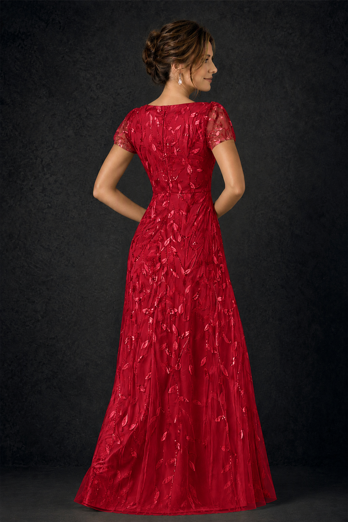 BOLODOO Red Leaf Embroidered A-Line Formal Gown with Cap Sleeves - Red - Red_4