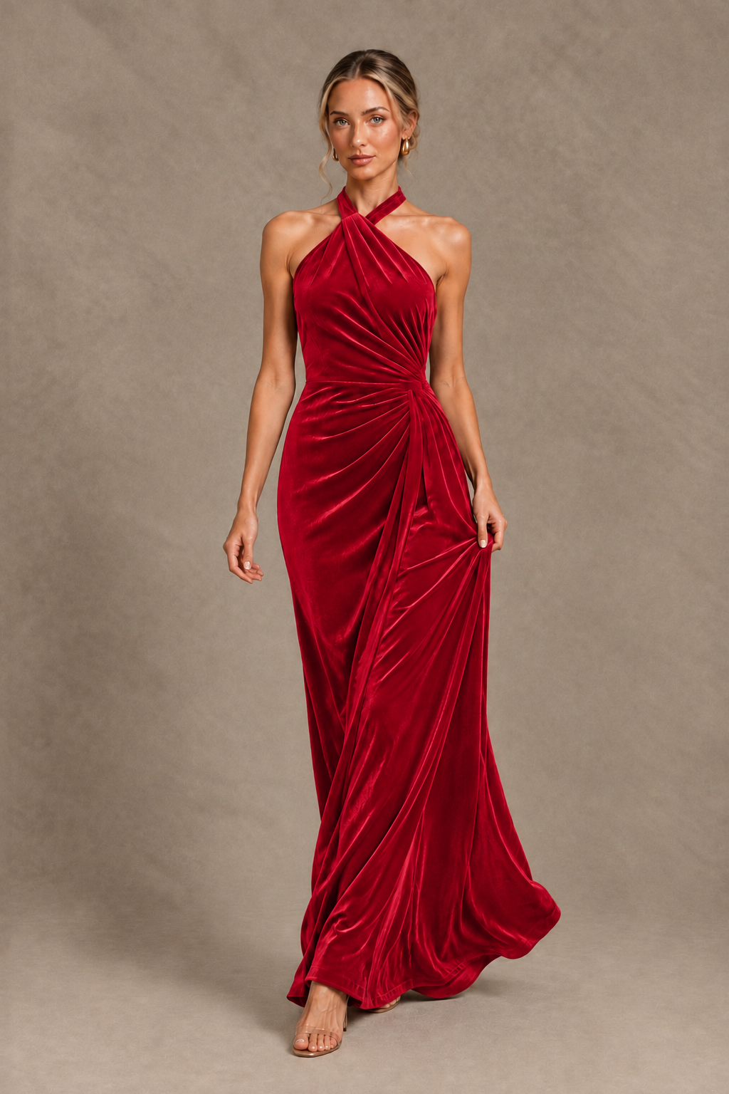 BOLODOO Red Velvet Halter Open-Back Ruched Evening Dress - Red - Red_4