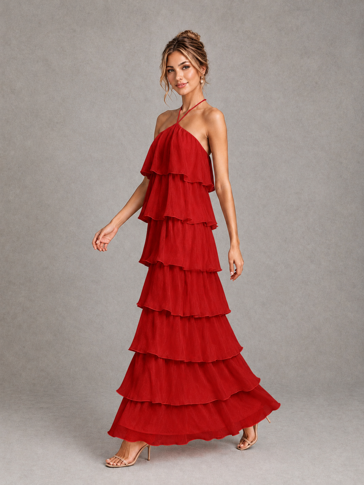 BOLODOO Red Halter Tiered Ruffle Maxi Bridesmaid Dress - Red - Red_4