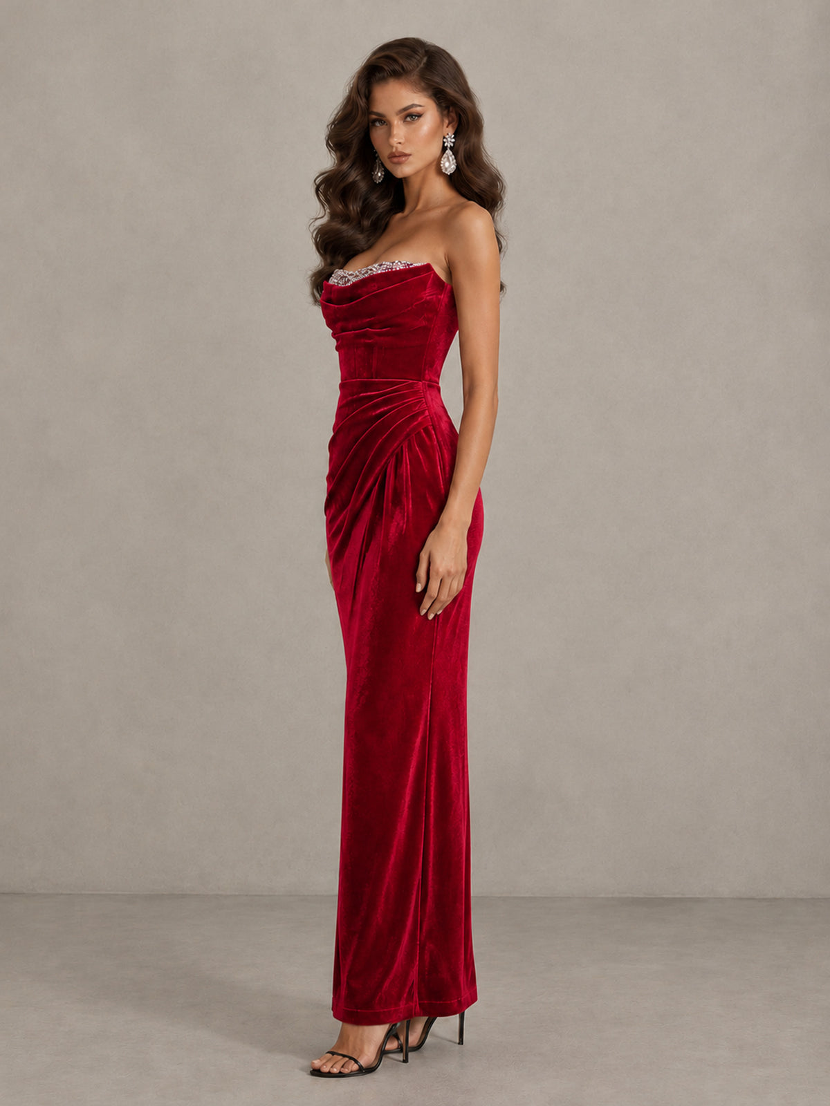 BOLODOO Red Strapless Velvet Cocktail Maxi Dress - Red - Red_4