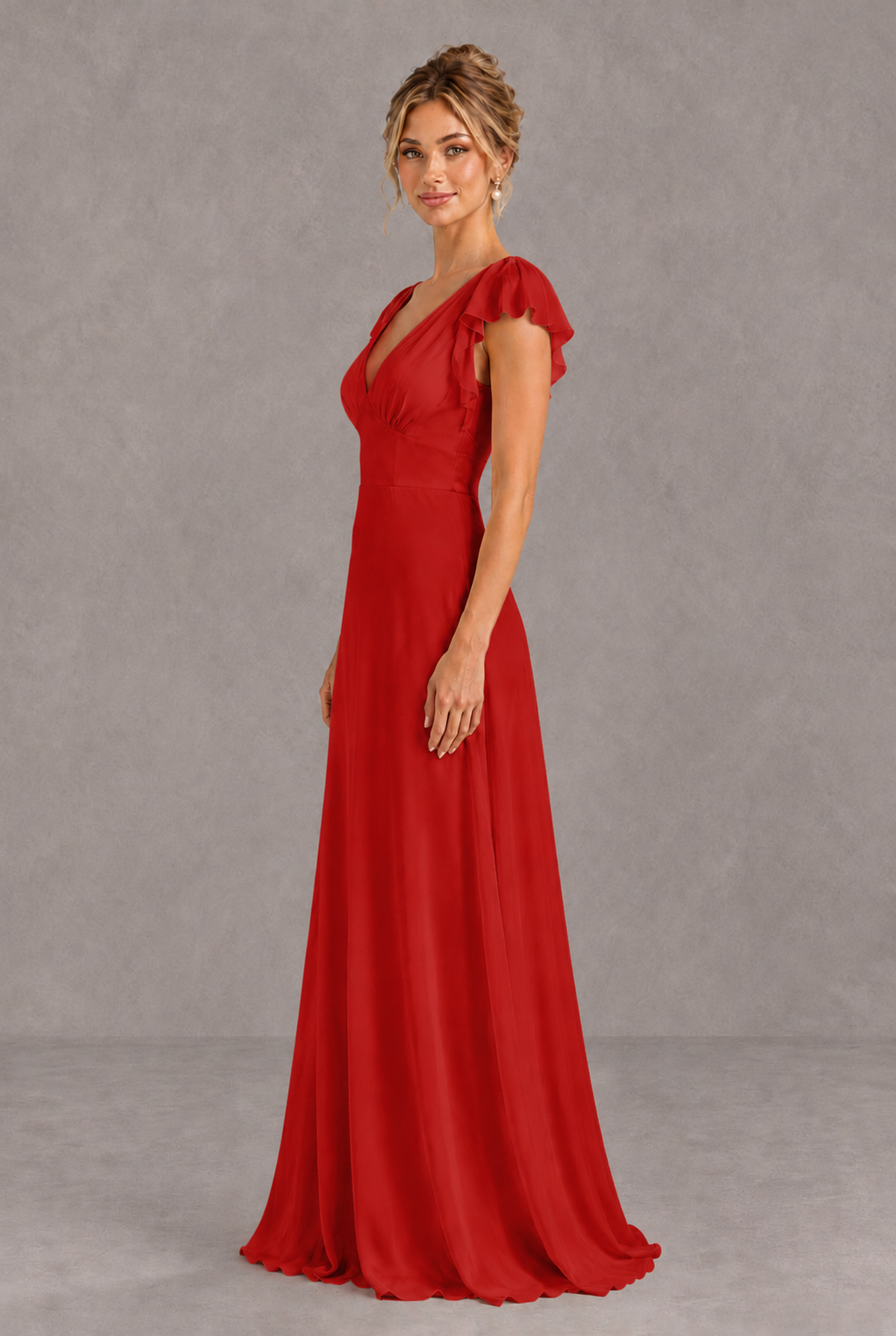BOLODOO Red V-Neck Flutter Sleeve A-Line Bridesmaid Dress - Red - Red_4