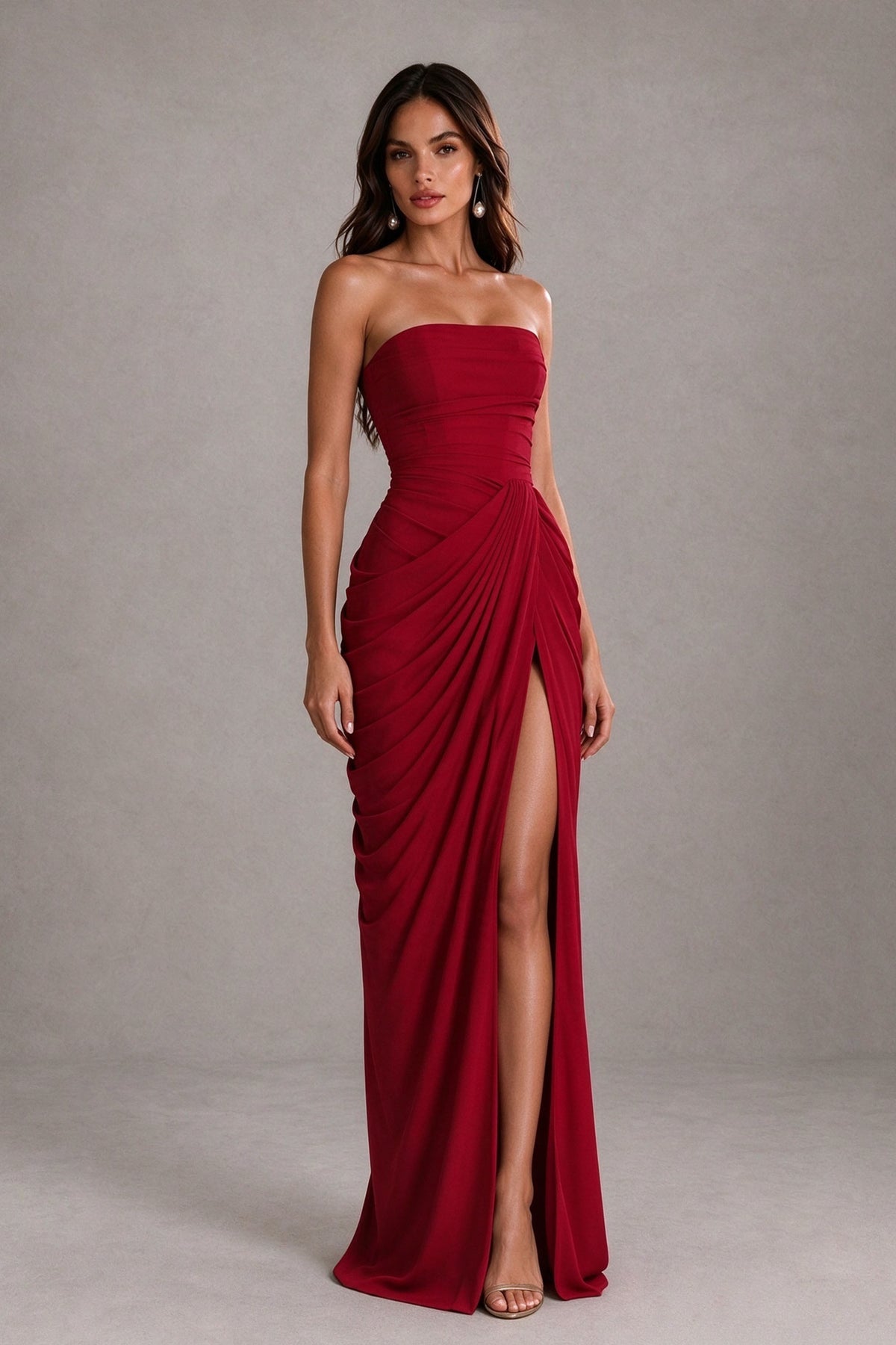 BOLODOO Strapless Draped Maxi Dress - Red Backless Evening Gown with High Slit - Red - Red_4