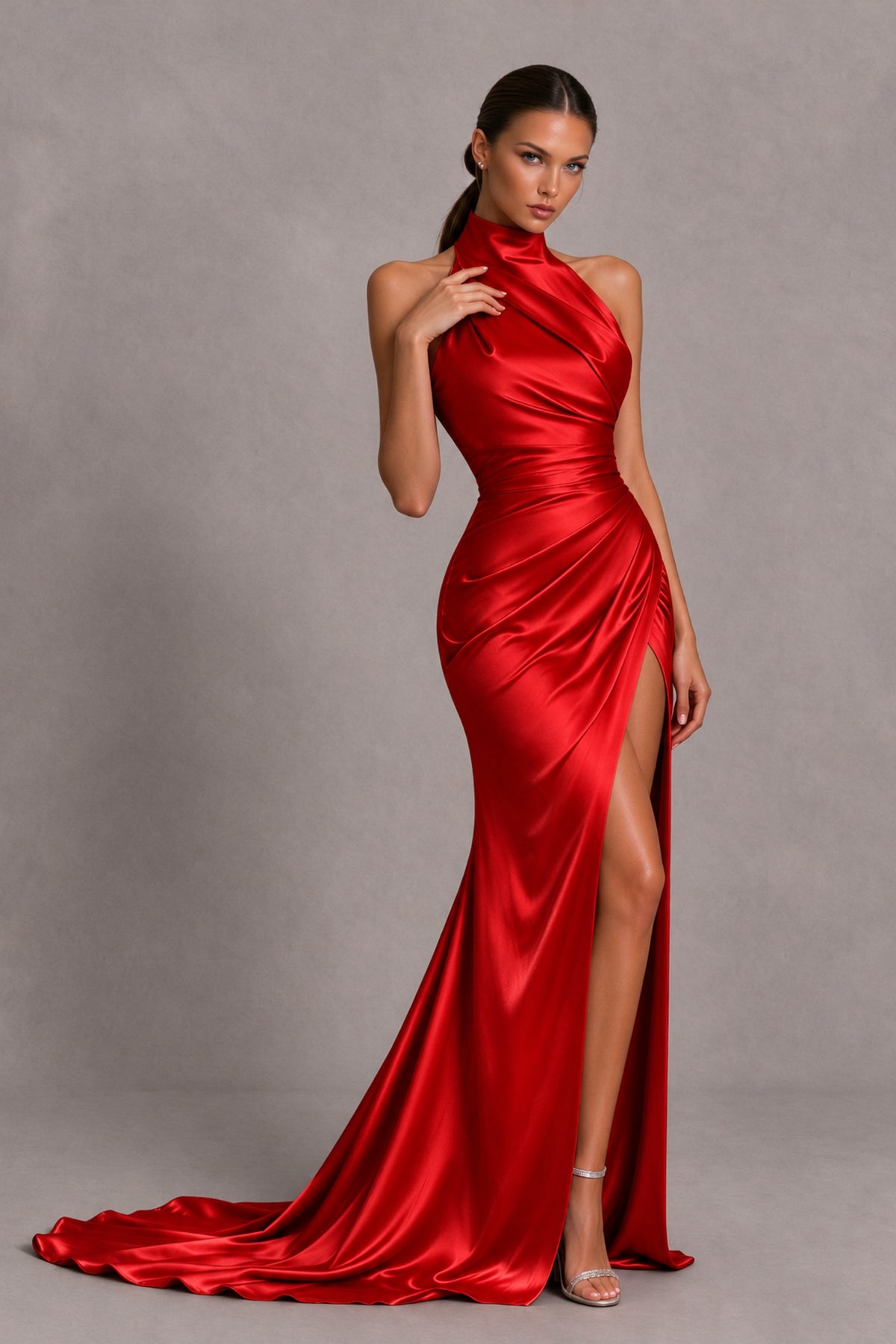 BOLODOO Red Halter Satin-Look Evening Gown with High Slit - Red - Red_4