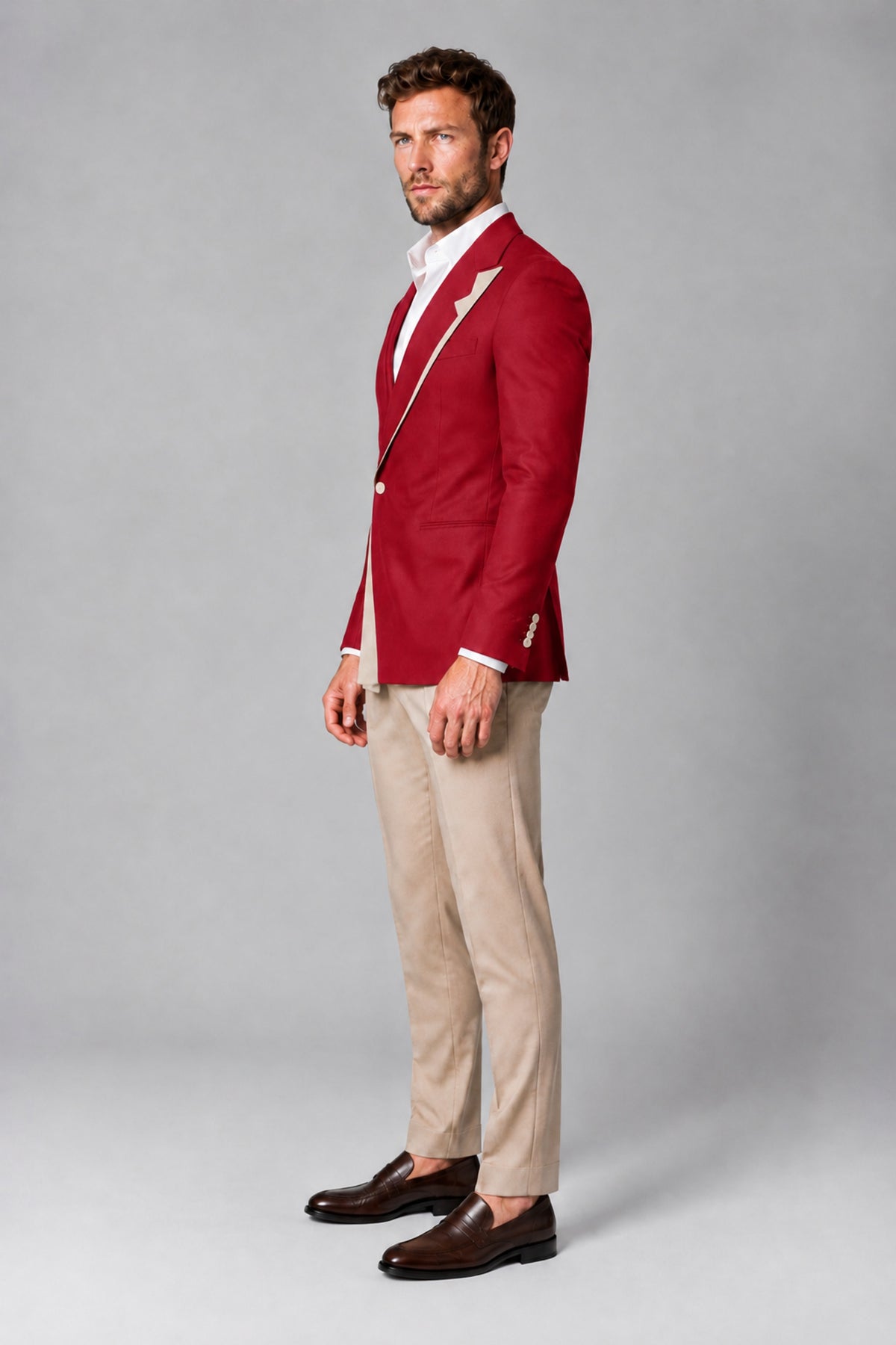 BOLODOO Men's Red Double-Breasted Blazer & Khaki Trousers Tuxedo 2-Piece Suit Set - Red - Red_4