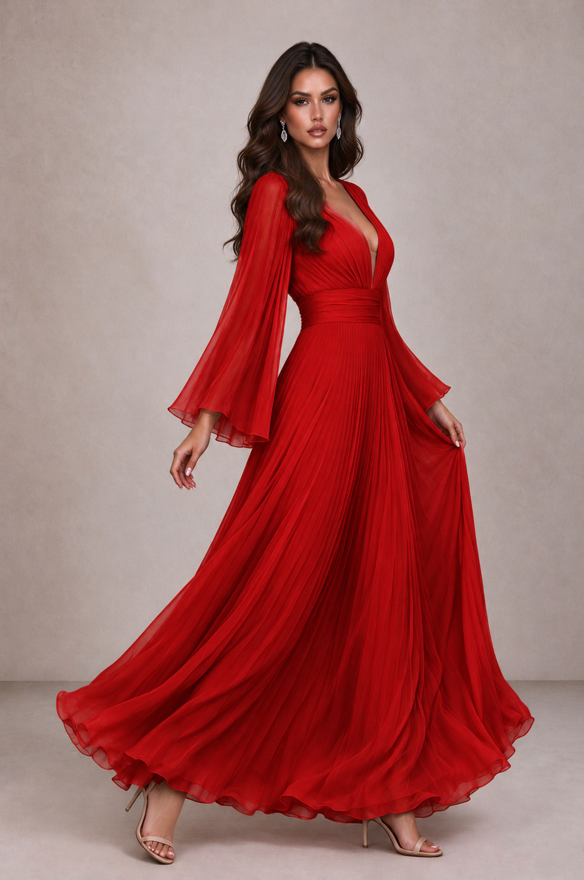 BOLODOO Red Pleated Deep V-Neck Long Bell Sleeve Evening Dress - Red - Red_4
