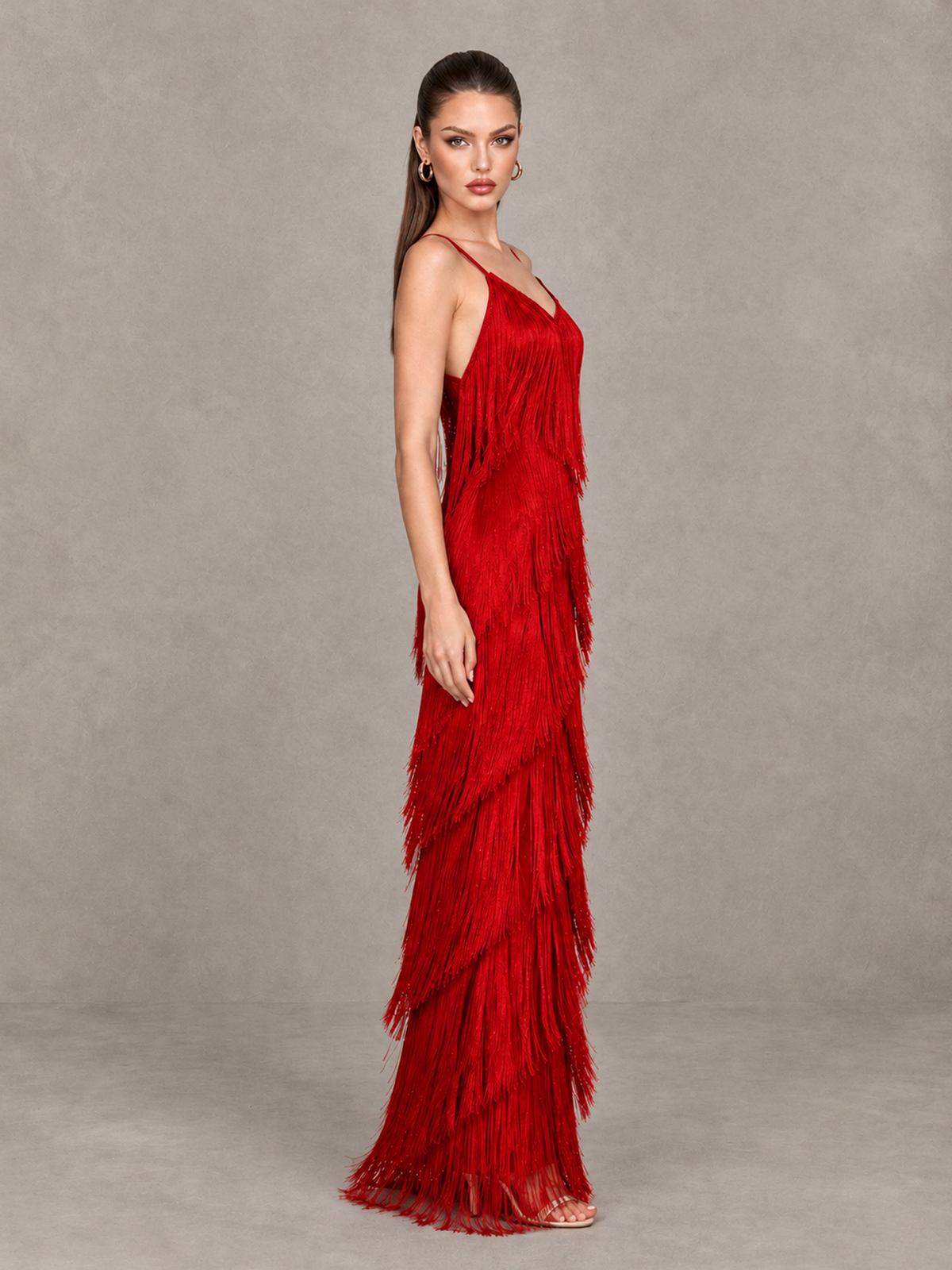 BOLODOO Red V-Neck Spaghetti Strap Fringe Maxi Evening Dress - Red - Red_4