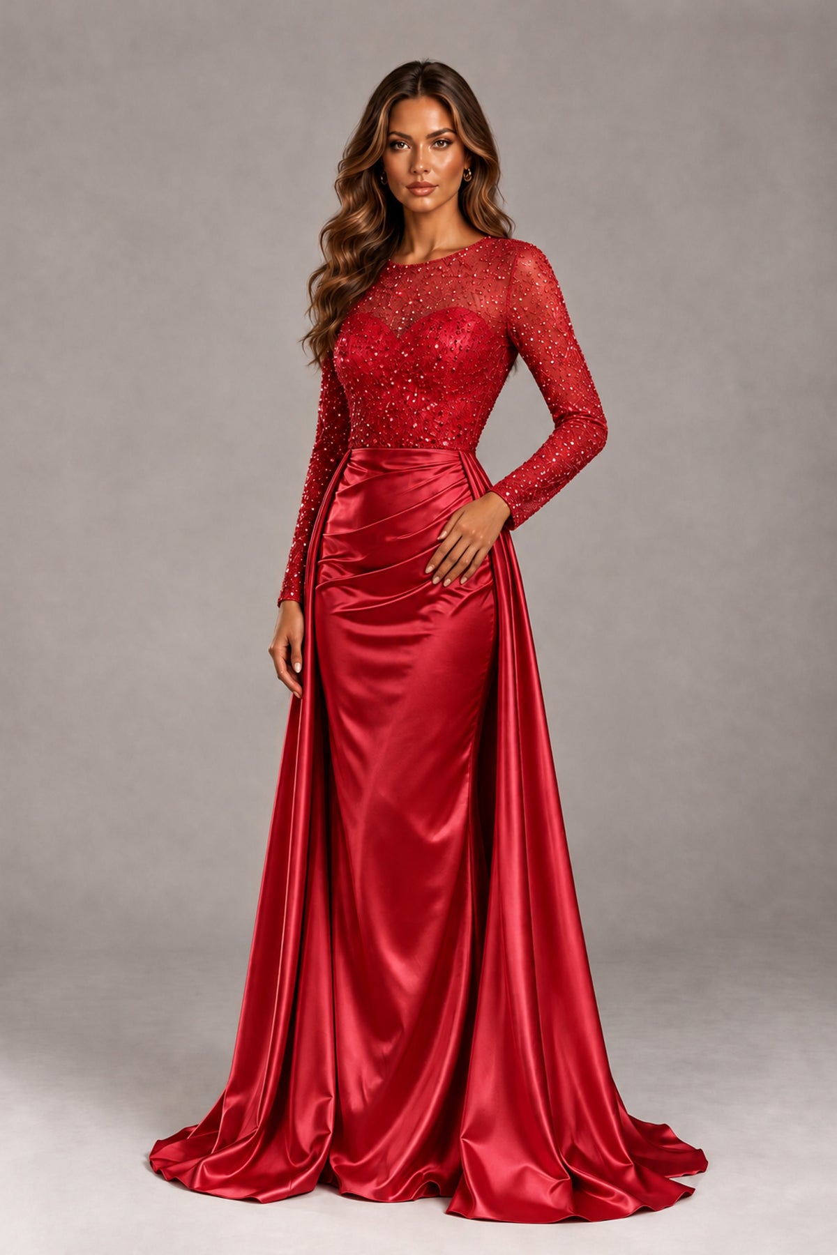 BOLODOO Red Long Sleeve Embellished Satin Evening Gown with Sweep Train - Red - Red_4