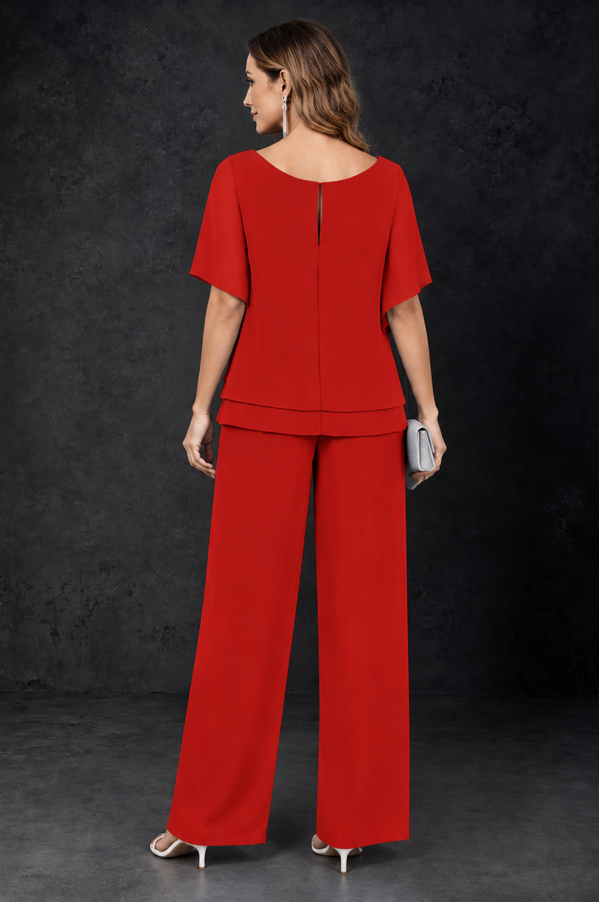 BOLODOO Red Layered Chiffon-Look Mother of the Bride Pantsuit - Red - Red_4