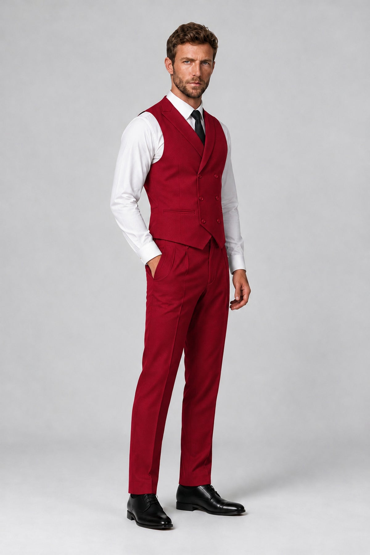 Bolodoo Men's Red Double-Breasted Vest and Pants 2-Piece Suit - Red - Red_4