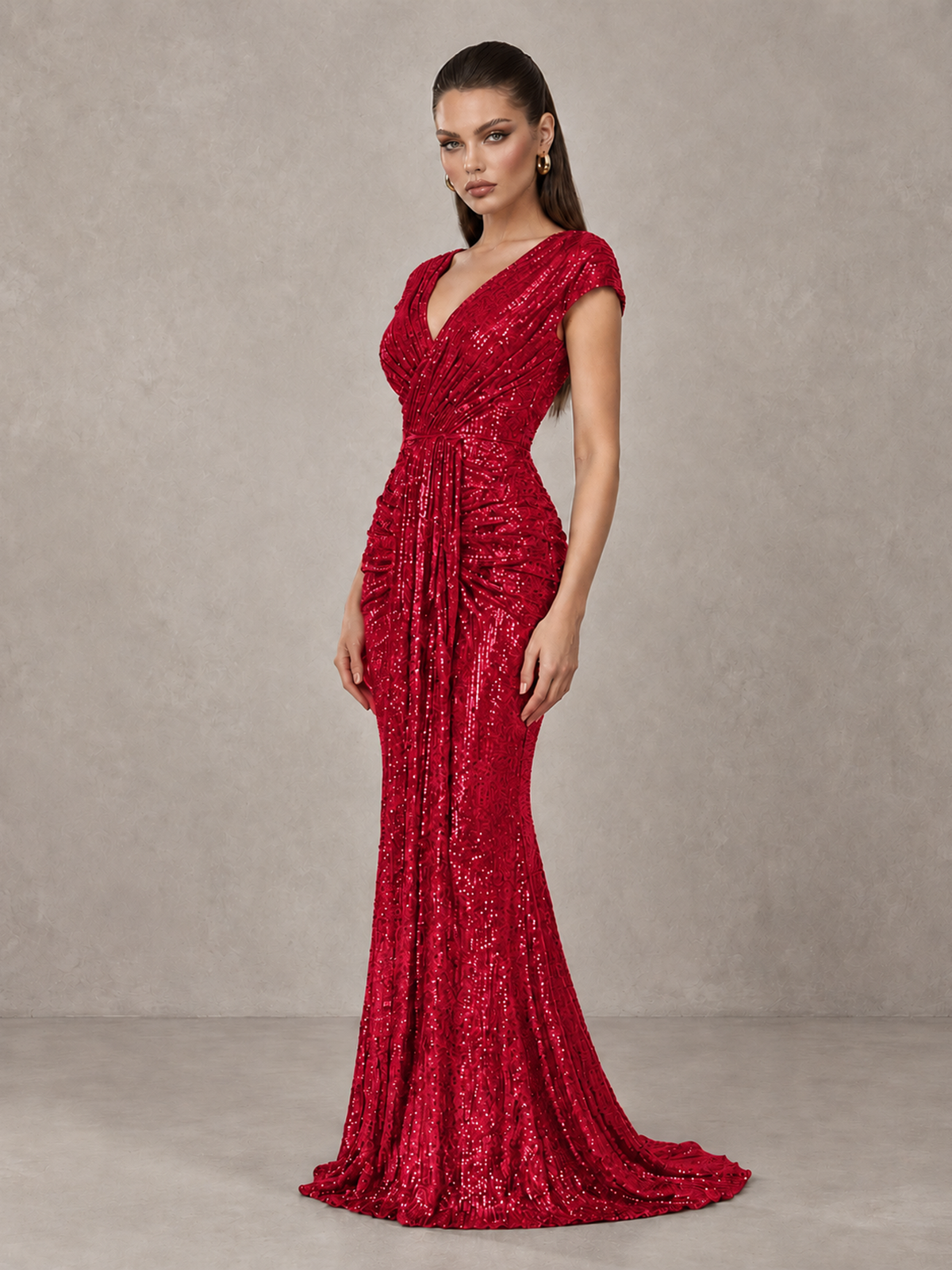 BOLODOO Red Glitter V-Neck Cap Sleeve Ruched Mermaid Evening Gown - Red - Red_4