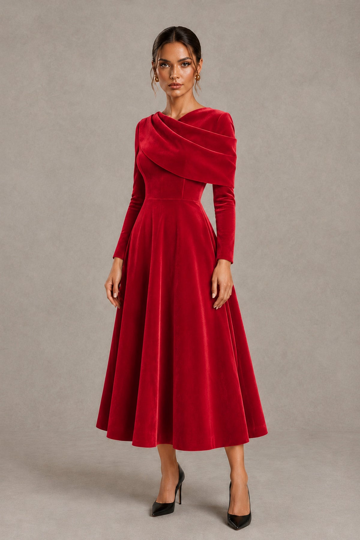 BOLODOO Red Velvet-Look Long Sleeve Tea-Length A-Line Dress with Draped Neckline - Red - Red_4