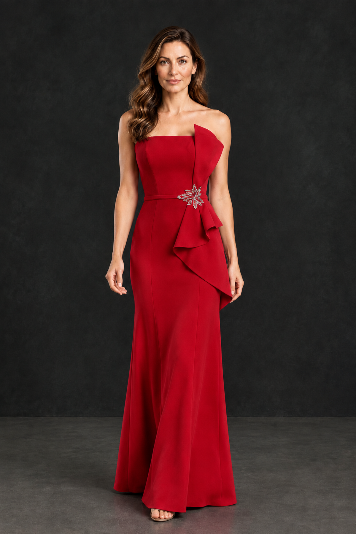 BOLODOO Red Strapless Mother of the Bride Dress with Ruffle Detail - Red - Red_4