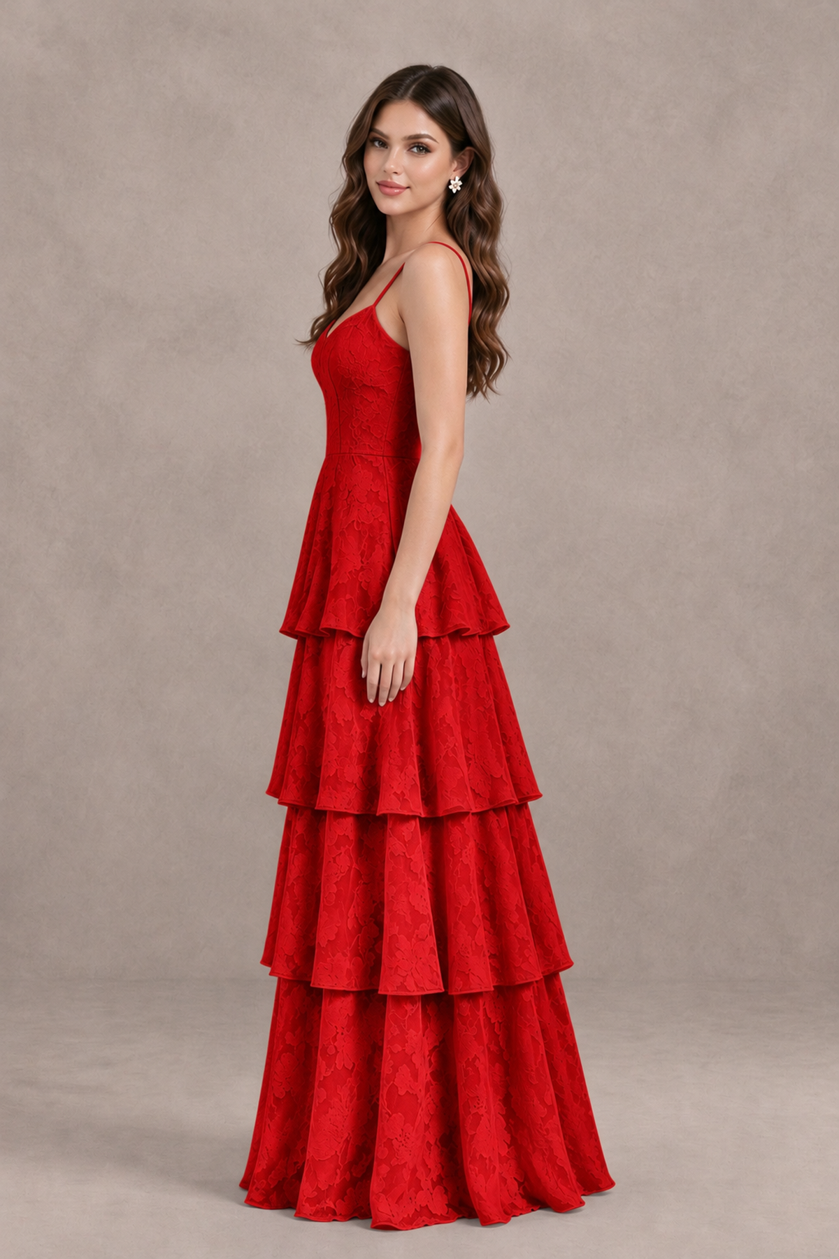 BOLODOO Red Tiered Floral-Textured Spaghetti Strap Maxi Dress - Red - Red_4