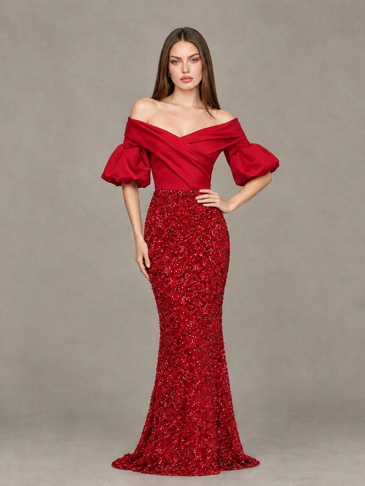 BOLODOO Red Off-Shoulder Puff Sleeve Sequin Mermaid Evening Dress - Red - Red_4