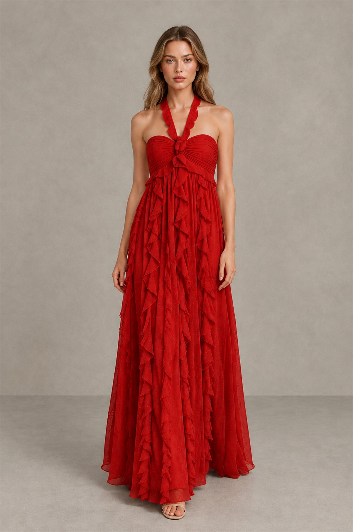 BOLODOO Red Halter Ruffle A-Line Floor-Length Evening Dress - Red - Red_4