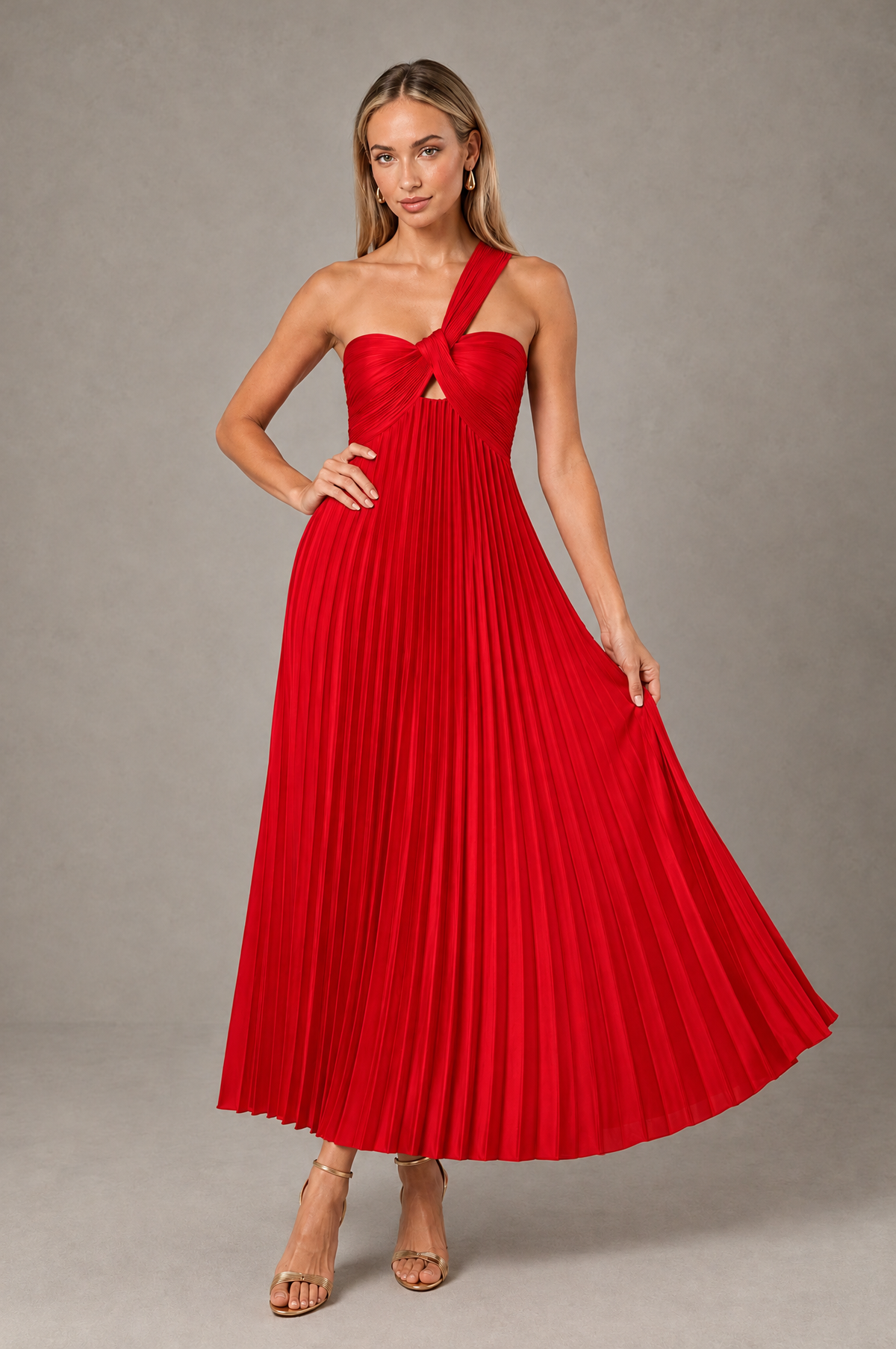 BOLODOO Red One-Shoulder Twist Knot Pleated Satin Midi Dress with Cutout - Red - Red_4