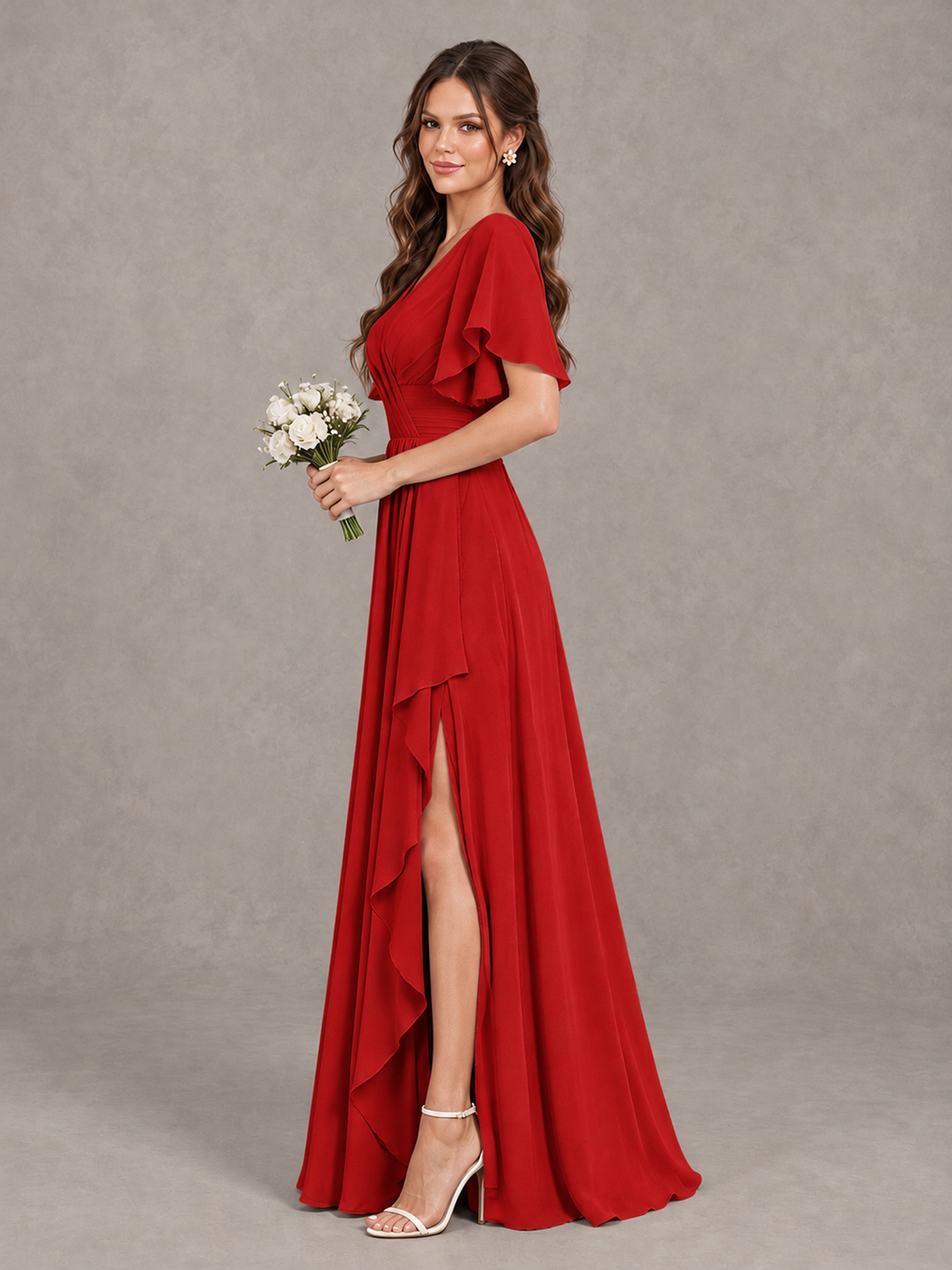 BOLODOO Red Flutter Sleeve V-Neck Bridesmaid Dress with Ruffle Slit - Red - Red_4