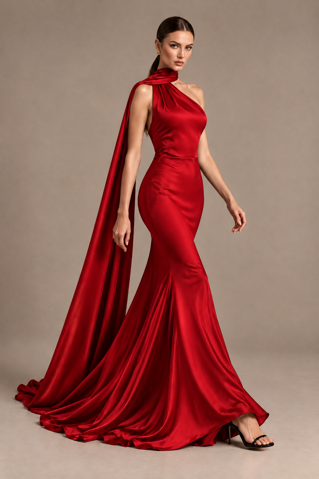 BOLODOO Red One-Shoulder Satin Mermaid Evening Dress with Scarf - Red - Red_4