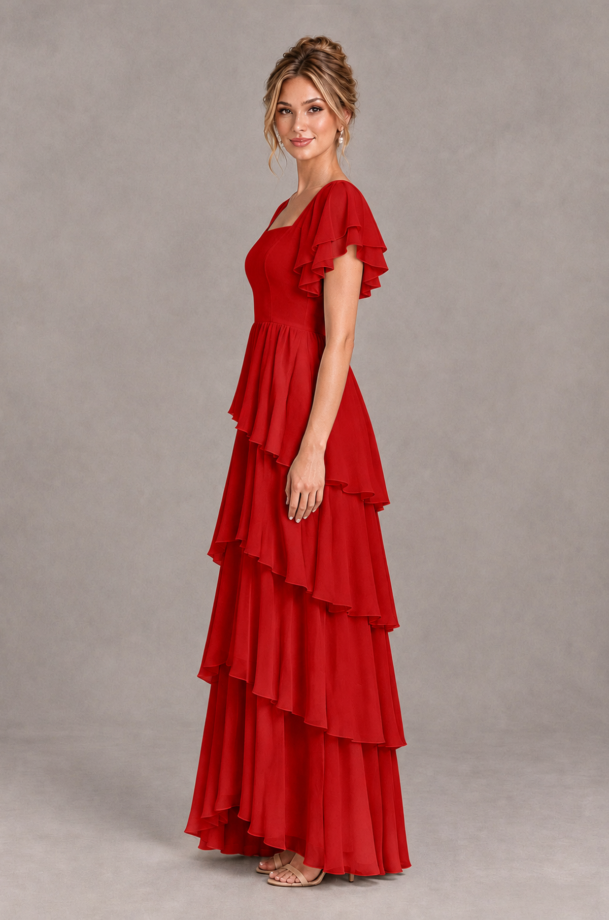 BOLODOO Red Square Neck Flutter Sleeve Tiered Chiffon Bridesmaid Dress with Lace-Up Back - Red - Red_4