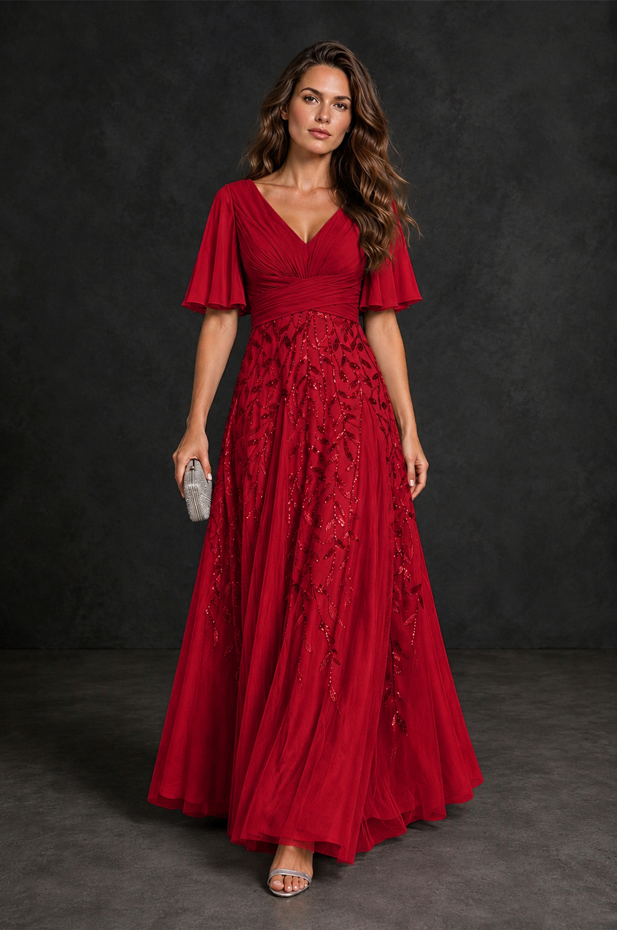 BOLODOO Red V-Neck Flutter Sleeve Beaded Botanical Tulle A-Line Gown | Mother of the Bride Evening Dress - Red - Red_4